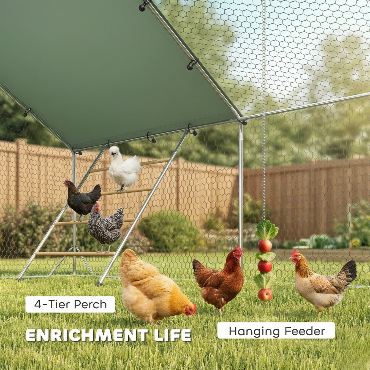 Metal Chicken Run w/ Waterproof & Anti-UV Cover, Feeding Door, Hanging Feeder, for 18-24 Chickens, 9.8' x 19.7' x 6.4'