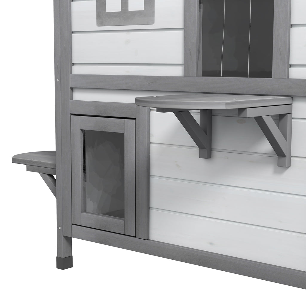 Wooden 2-Story Outdoor Cat House, Feral Cat Shelter Kitten Condo with Openable Asphalt Roof and 4 Platforms, White