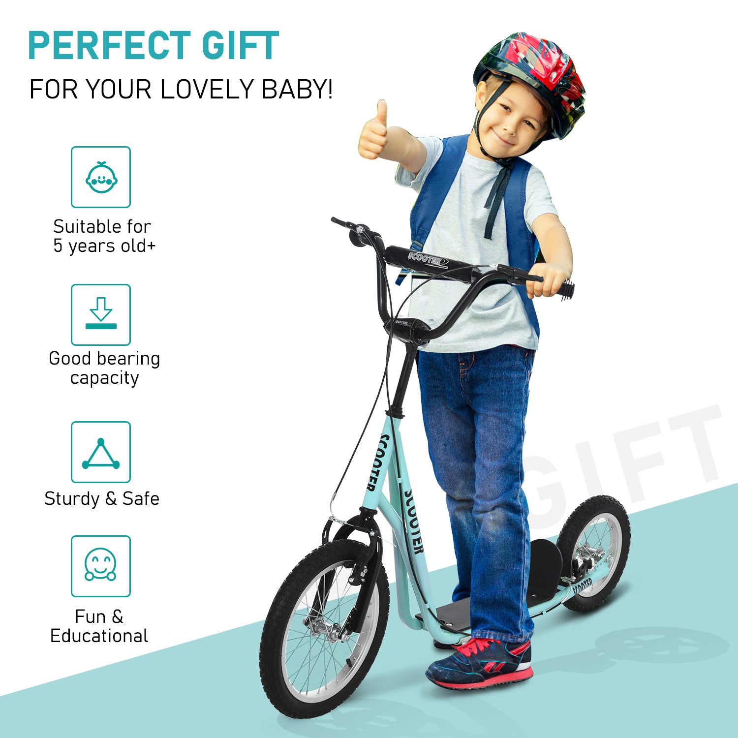 Teens Youth Scooter Ride On Toy with Adjustable Handlebar, Dual Brakes, and Inflatable Wheels For Kids 5+, Blue