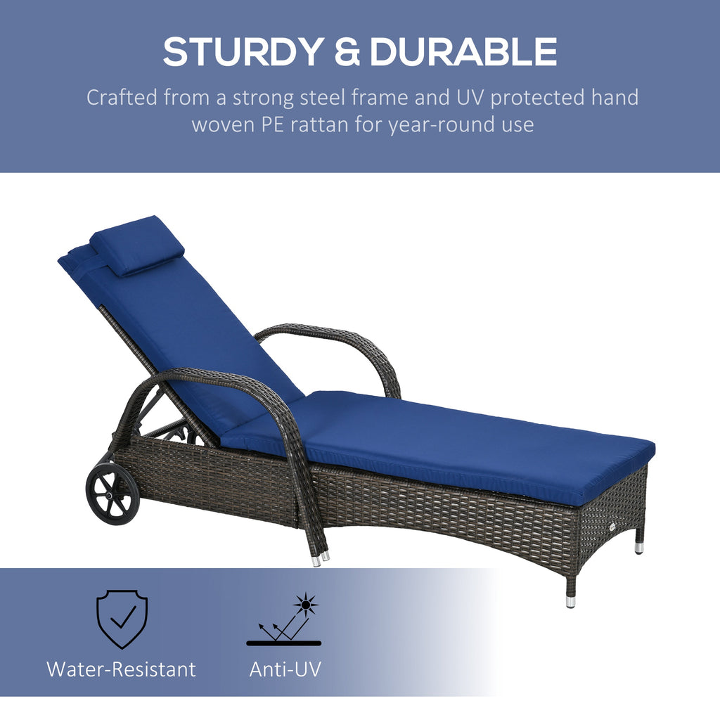Reclining Chaise Lounge Chair, Rolling Outdoor Chair with Cushion, Pillow, Headrest, Armrests, and Wheels, Brown