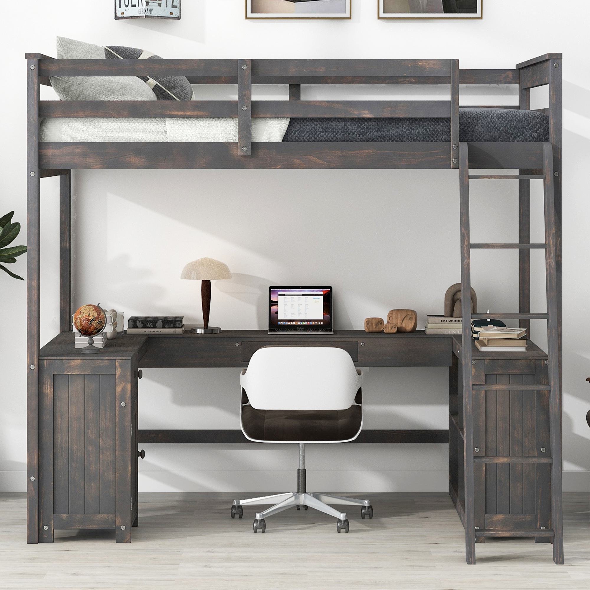 Full Size Loft Bed with U-shaped Desk, Drawers, Storage Shelves, and Sturdy Wood Frame, 77.5" L x 70" W x 75.5" H, Antique Brown