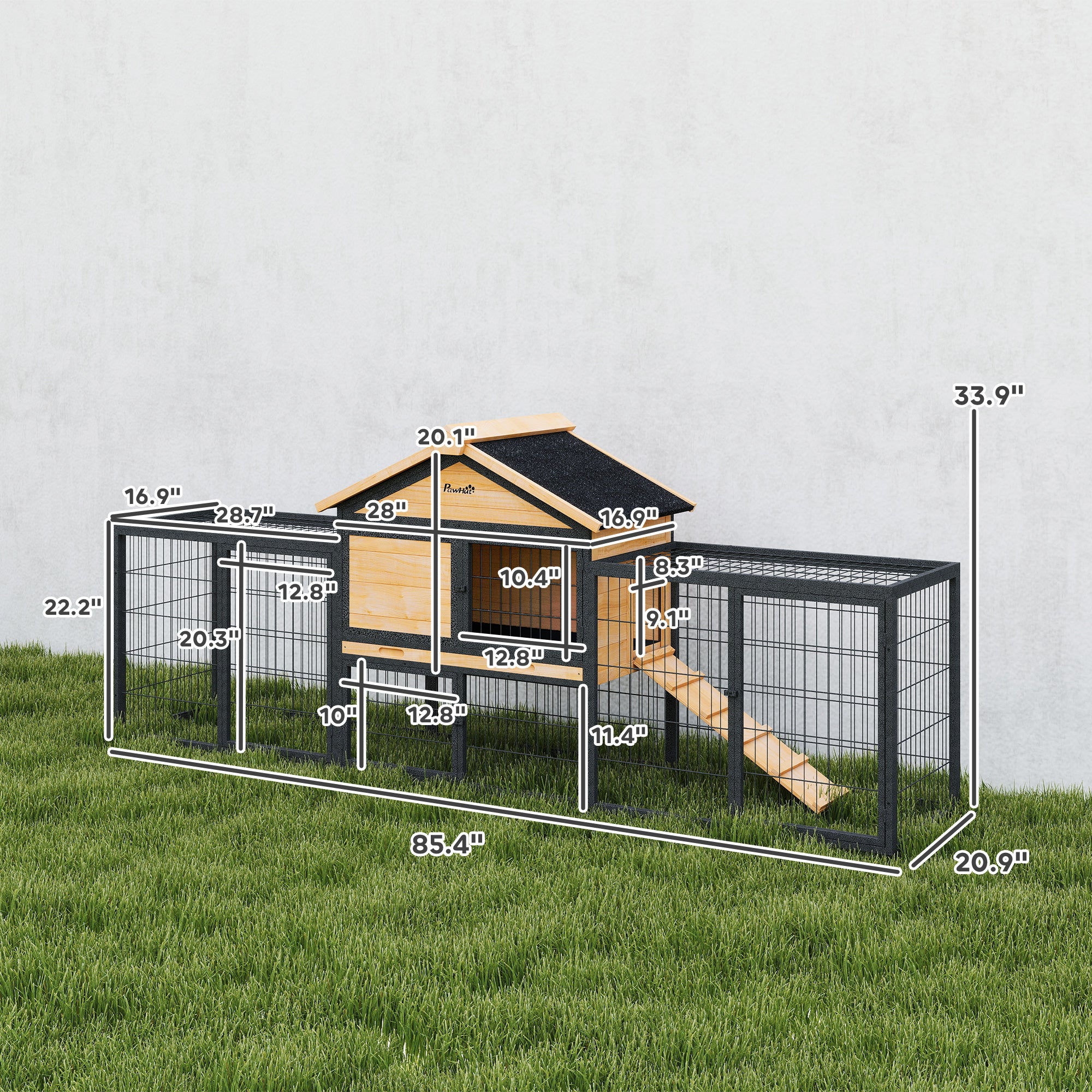 Wooden Rabbit Hutch Outdoor, 85" Large Bunny Cage with Steel Run, Removable Plastic Tray, Asphalt Roof, Ramp