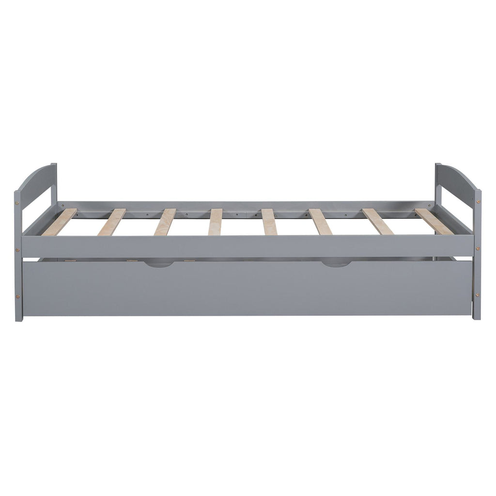 Twin Size Platform Bed with Twin Size Trundle, Headboard and Footboard, Sturdy Pine Wood Construction, 77.5" L x 40.5" W x 22" H, Gray
