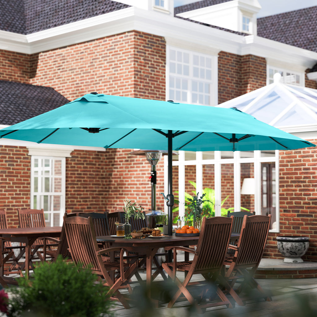 Patio Umbrella, 15' Steel Rectangular Outdoor Double Sided Market Umbrella with Base, Sun Protection & Easy Crank, Blue