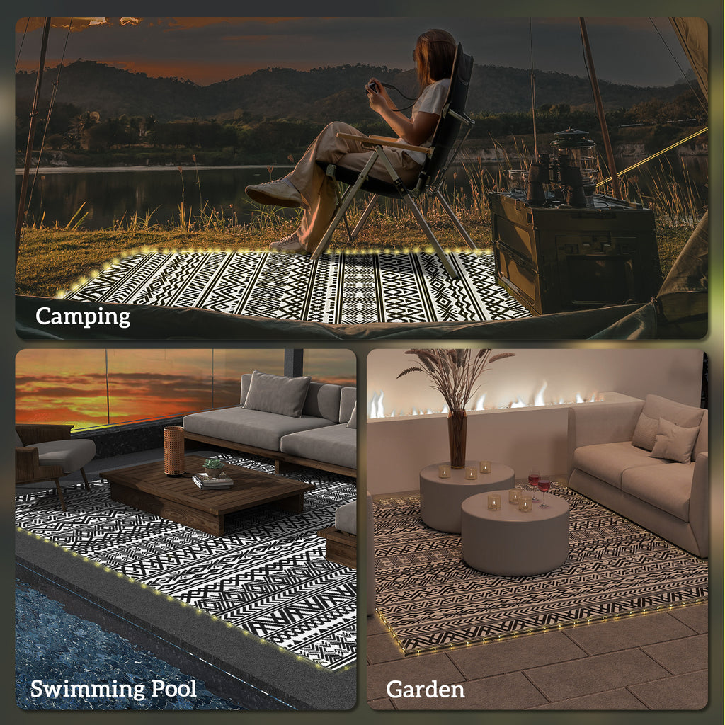 Outdoor Rug Carpet with USB Lights Reversible Patio Rug with Carry Bag for Camping 10' x 8'