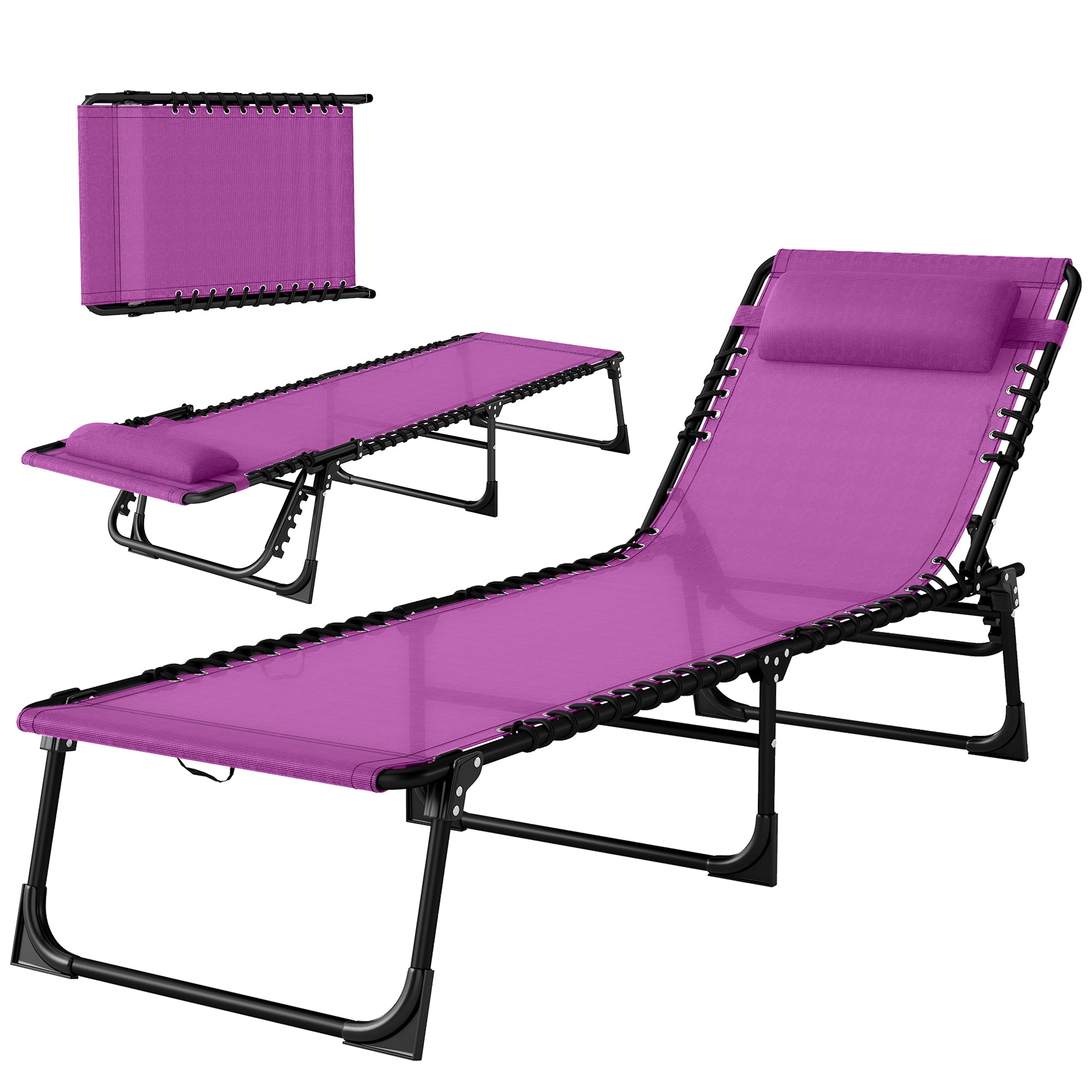 Folding Chaise Lounge Pool Chair with 4-Position Reclining Back, Pillow, Breathable Mesh & Bungee Seat, Purple