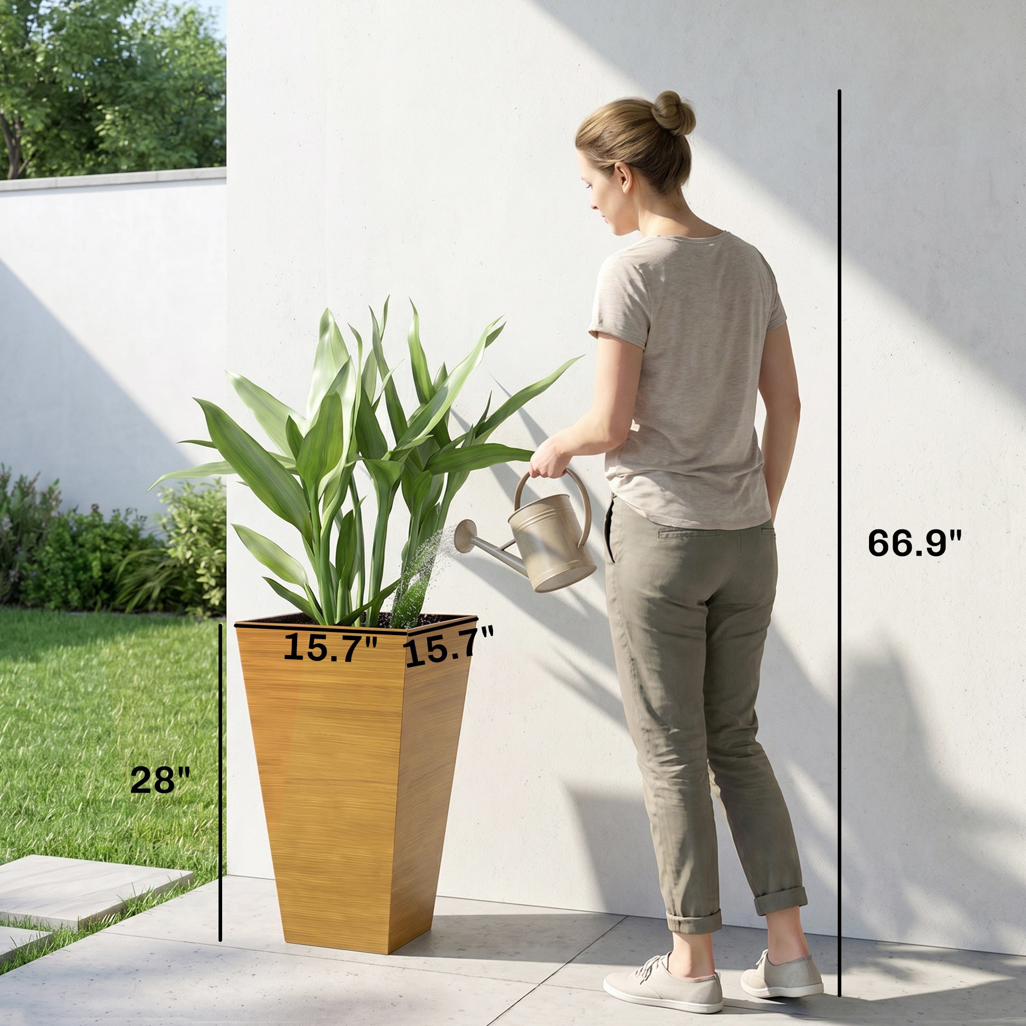 Set of 3 Tall Planters, 28" Outdoor Planter w/ Drainage Holes, Faux Wood Plastic Flower Pots, Light Brown