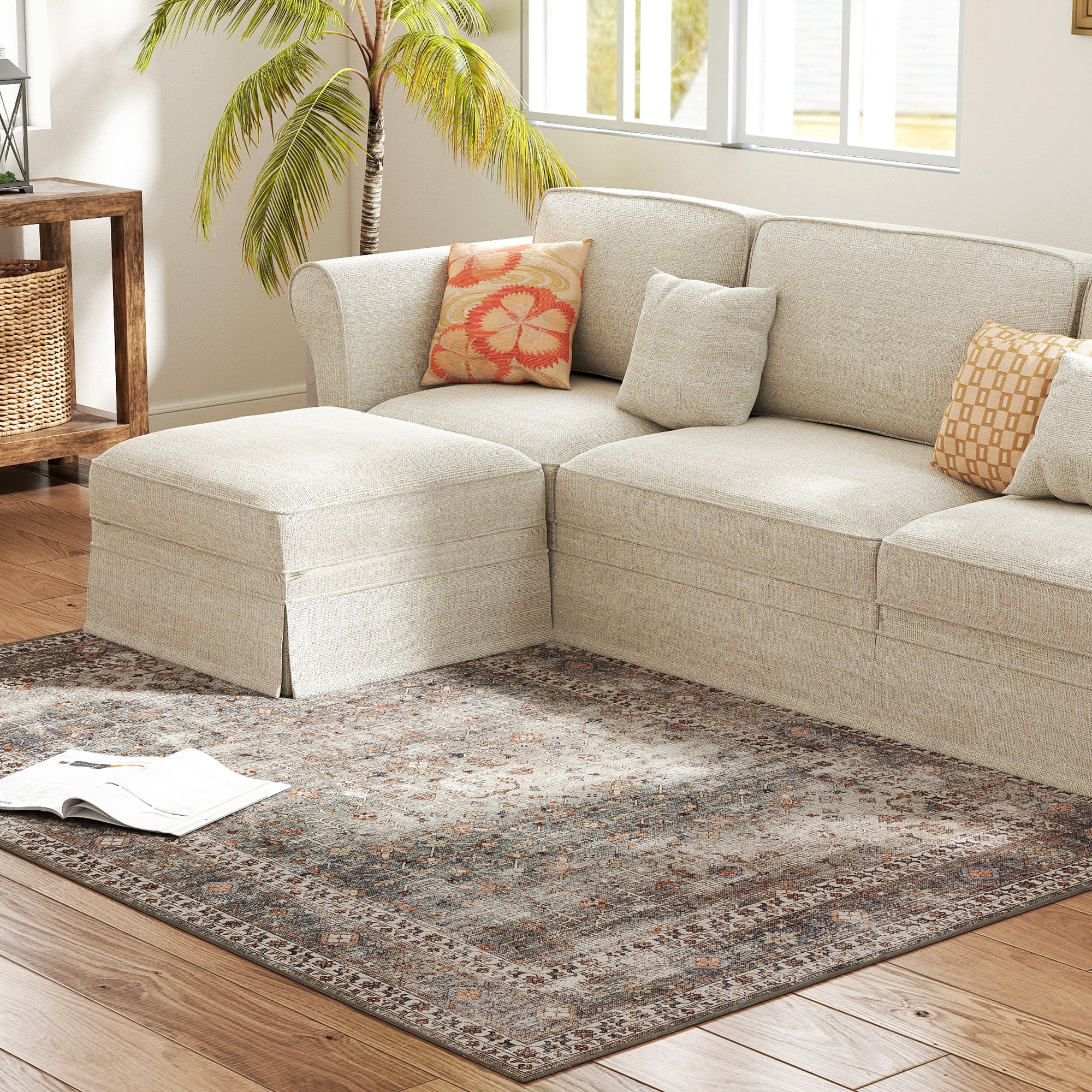 Machine Washable Area Rug 4x6, Non-Slip Traditional Floor Cover Foldable Carpet for Living Room, Dark Mixed-Brown