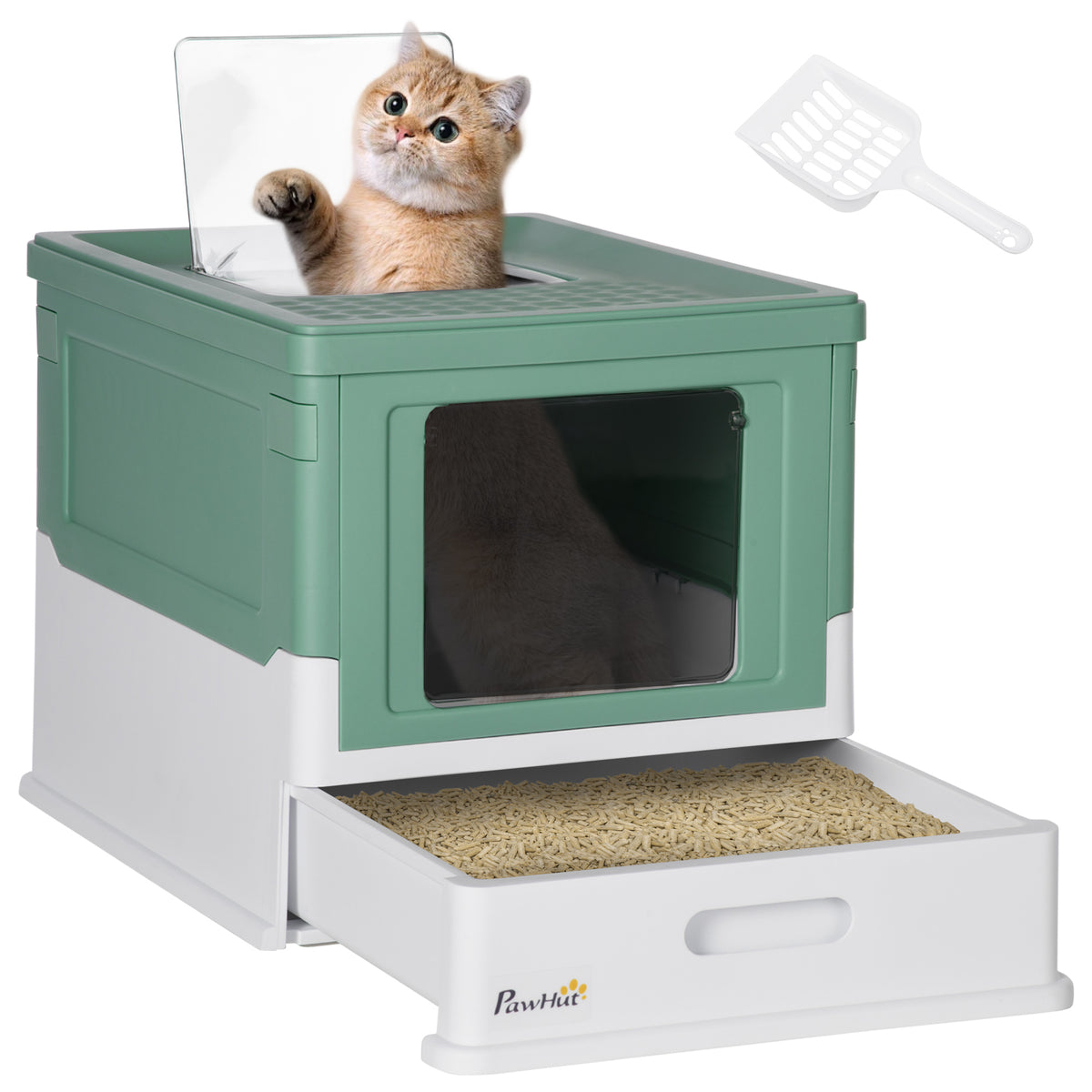 Fully Enclosed Cat Litter Box with Front Entry and Top Exit, Plastic, Green & White