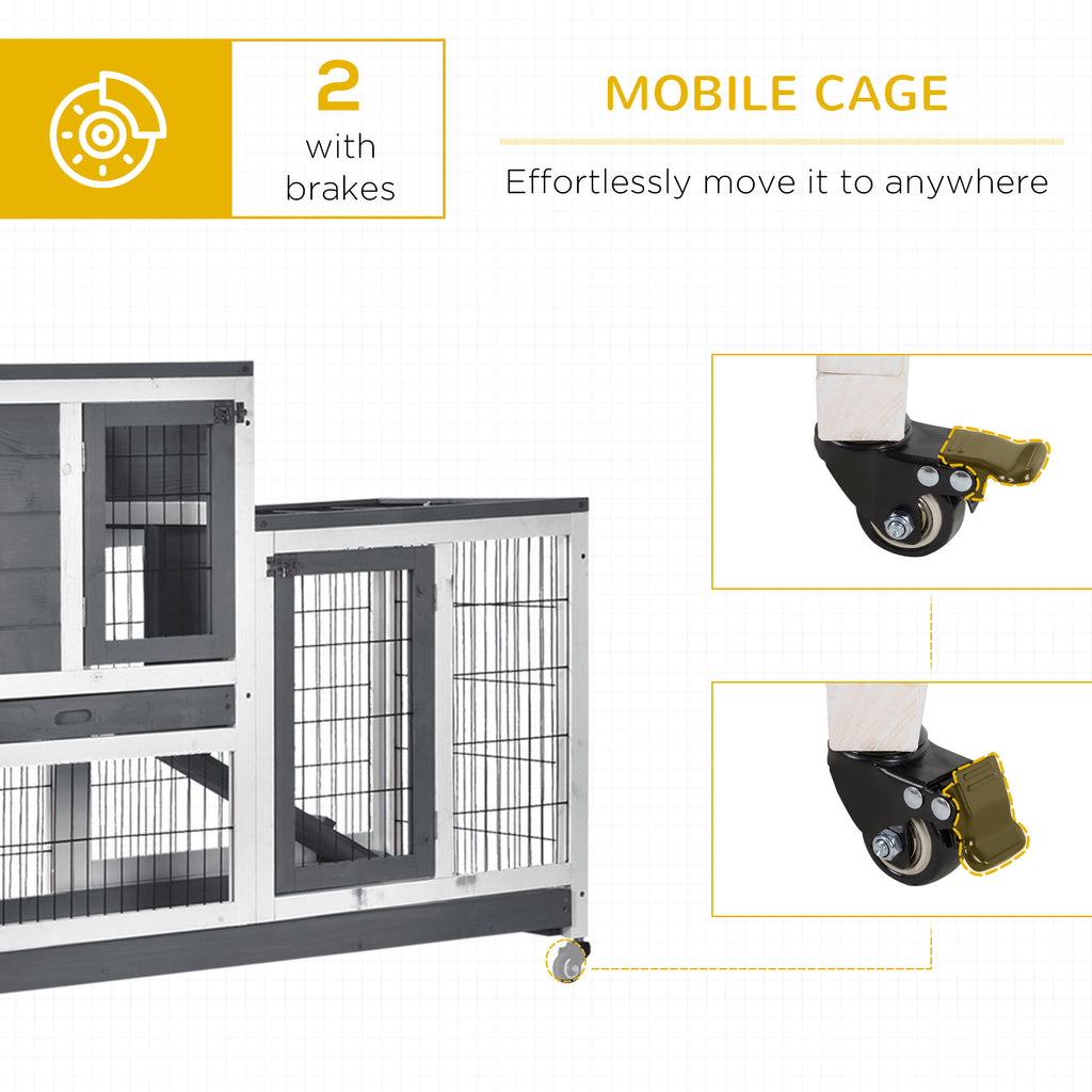 Wooden Rabbit Hutch Elevated Bunny Cage Indoor Small Animal Habitat with Enclosed Run with Wheels, Ramp, Removable Tray for Rabbits, Chickens, Ducks, Guinea Pigs, Gray