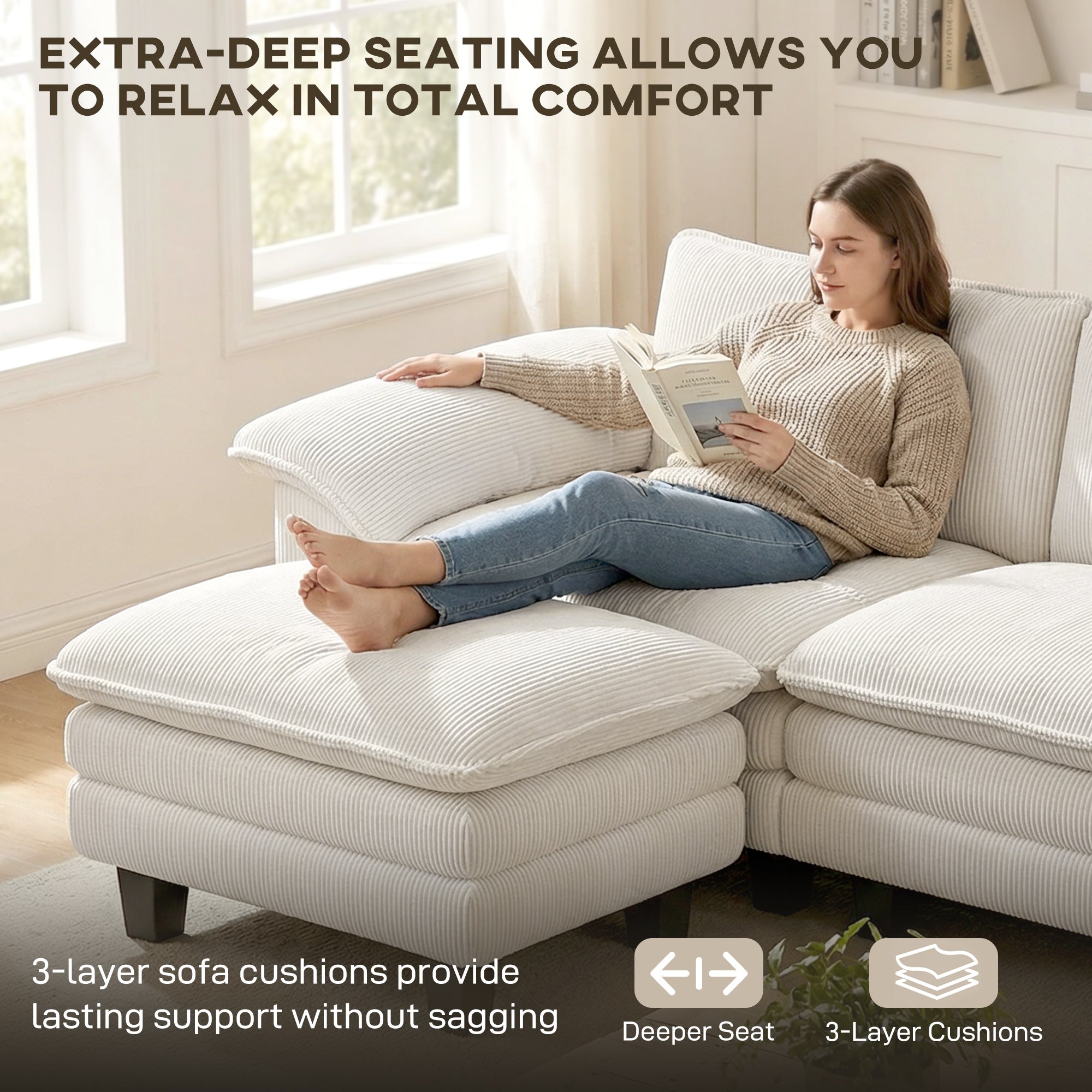 Sectional Sofa, L Shaped Couch with Deep Seat, Movable Ottoman and Pillow-top Armrests, Beige