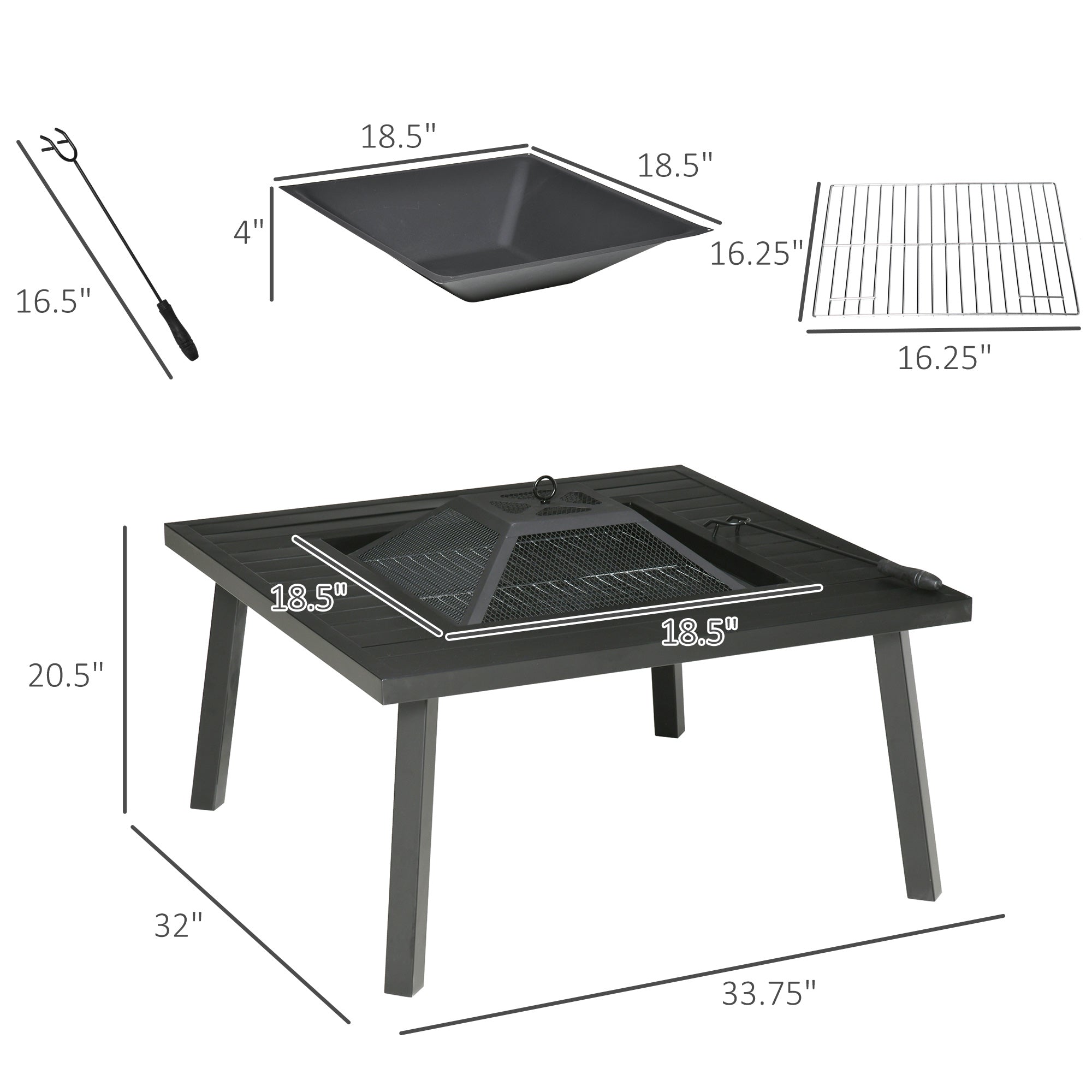 34" Fire Pit with Grill, Metal Outdoor Wood Burning Firepit with Spark Screen, Fire Poker, Cover, Table Lip, Black