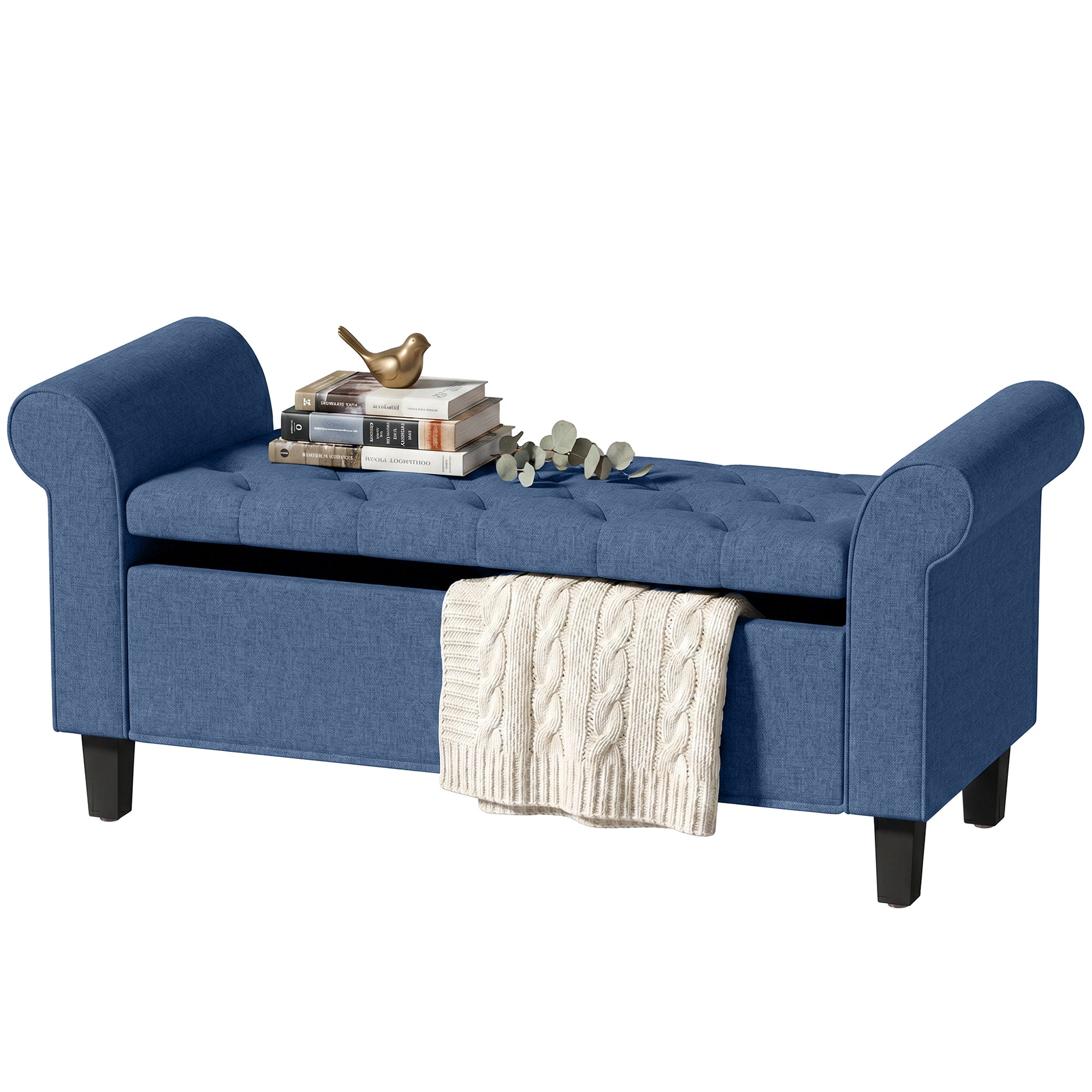 47" Storage Ottoman Bench, Tufted End of Bed Bench with Rolled Arms, Safety Hinge, Wood Legs for Bedroom, Blue