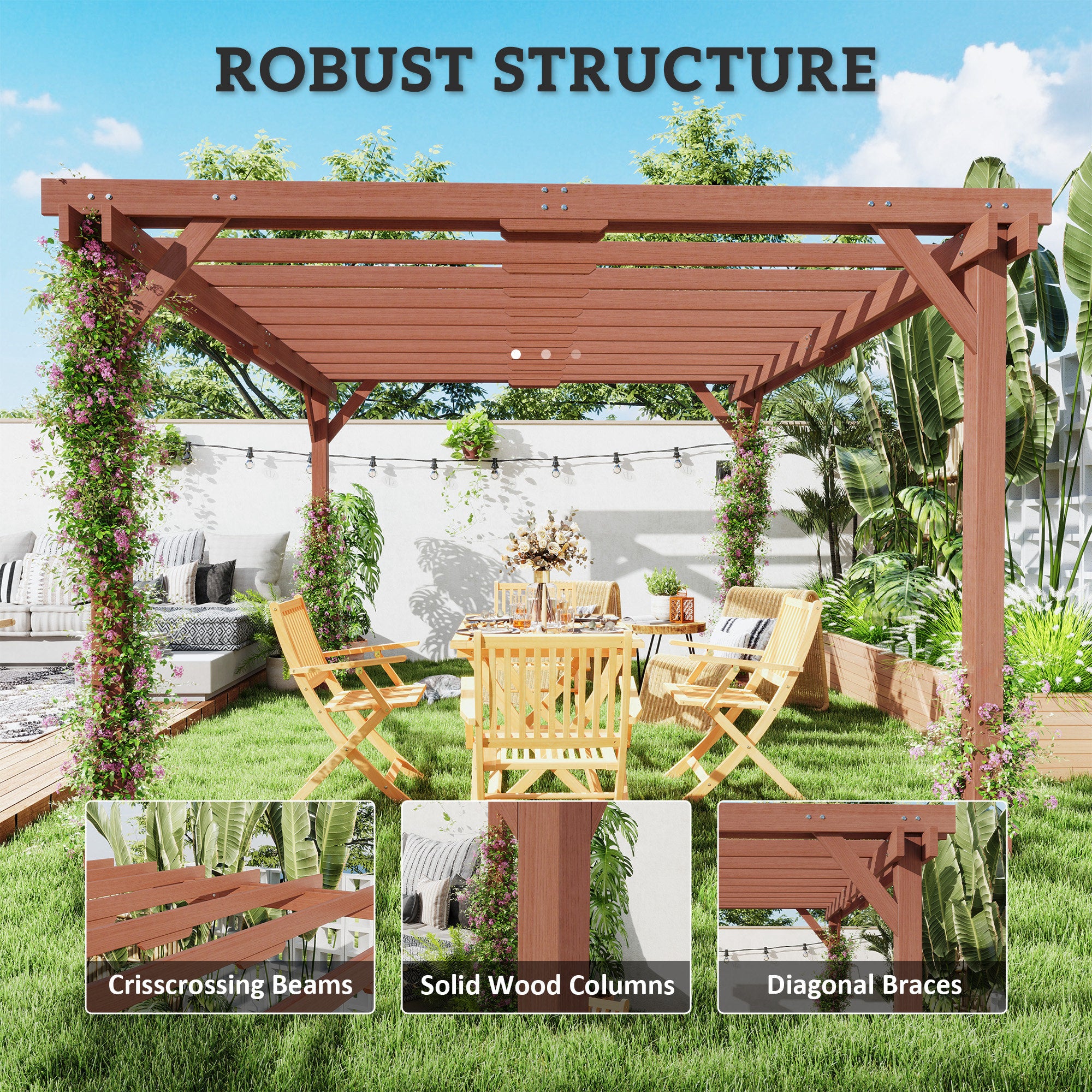 11' x 12.5' Outdoor Wood Pergola with Grape Trellis for Patio, Deck, Backyard, Lawn