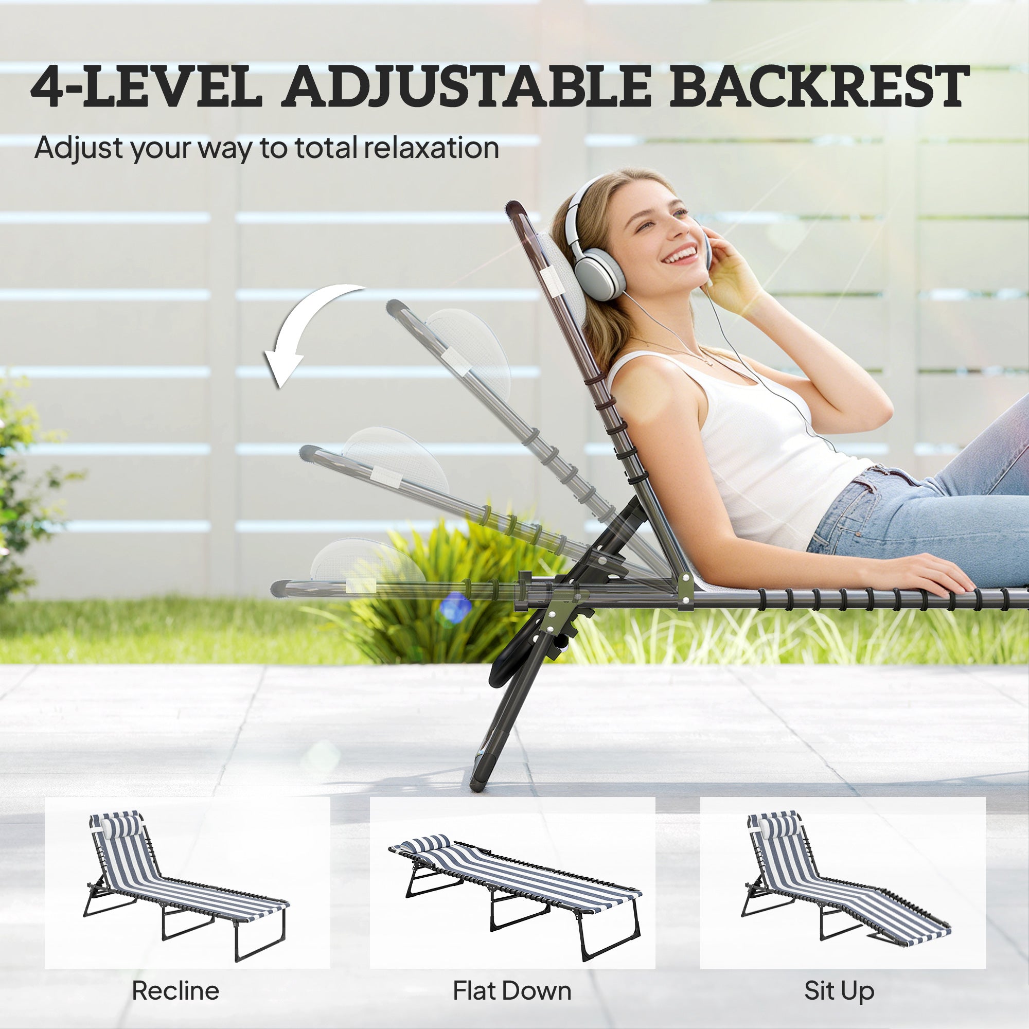 Folding Chaise Lounge Pool Chair with 4-Position Reclining Back, Pillow, Breathable Mesh & Bungee Seat, Blue & White