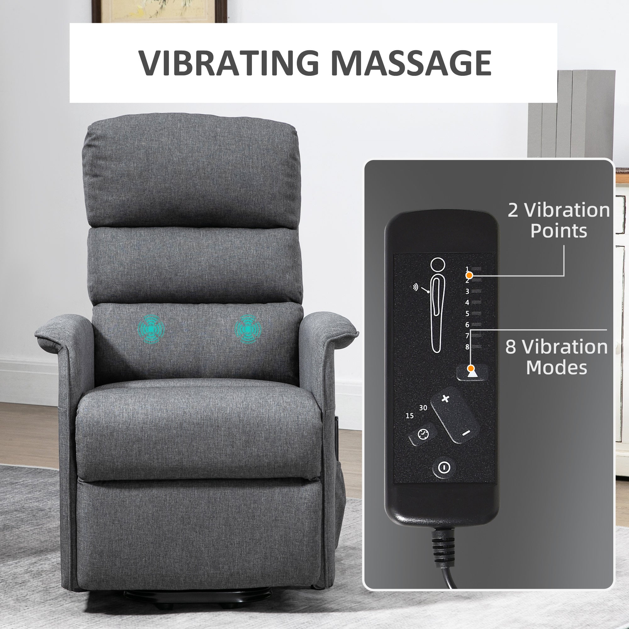 Power Lift Chair with Vibration Massage, Fabric Upholstered Recliner Chair for Elderly with Remote Control, Side Pockets, Grey