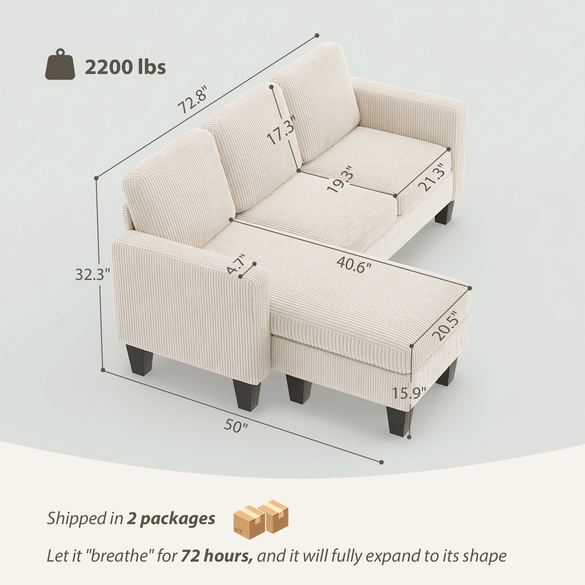 Sectional Sofa, L Shaped Couch, with Reversible Chaise or Ottoman, Cream White
