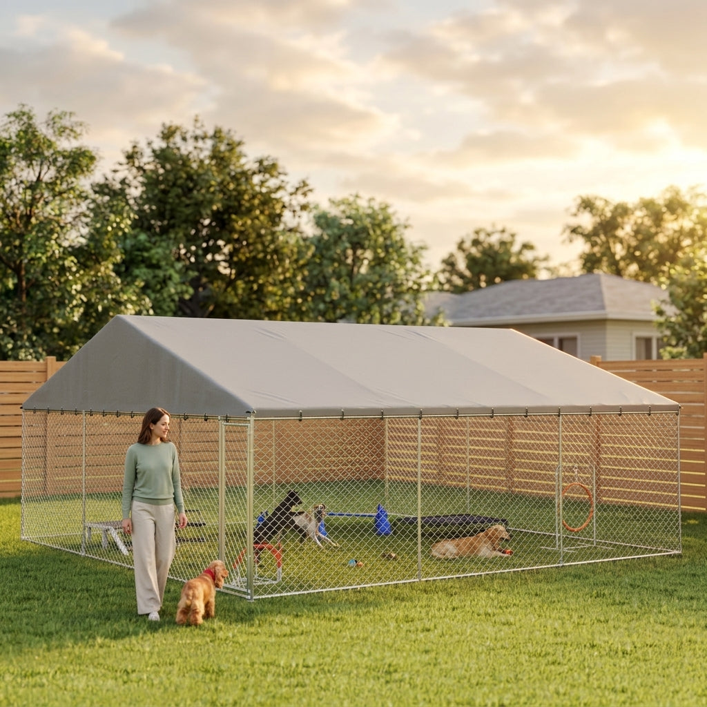 Heavy Duty Outdoor Dog Kennel with Waterproof Roof, Secure Latch, Chain Link Dog Run for Backyard, 19.7' x 19.7' x 8.9'