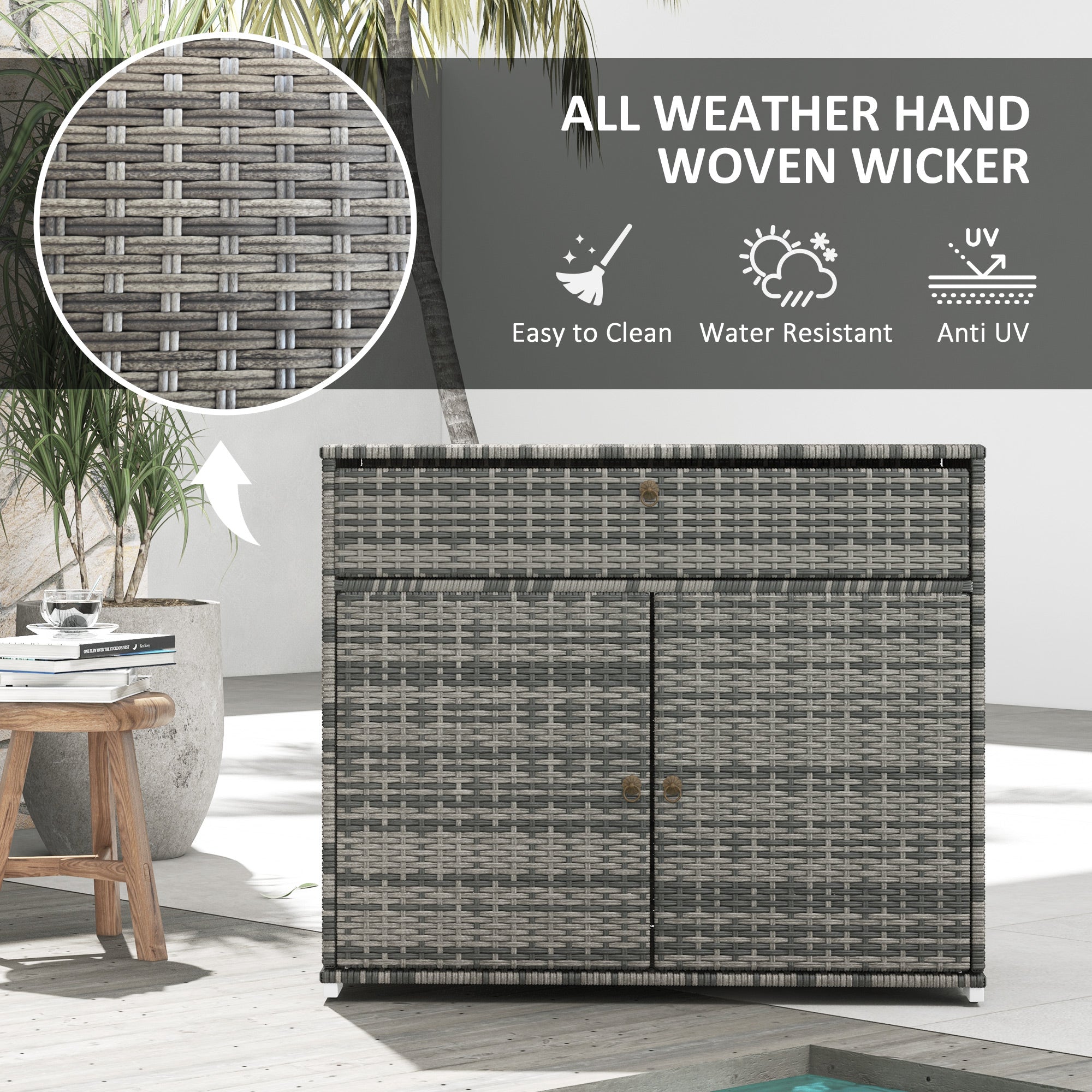 Outdoor Storage Cabinet, Waterproof PE Rattan Cabinet with Drawer for Indoor, Outdoor Swimming Pool, Gray