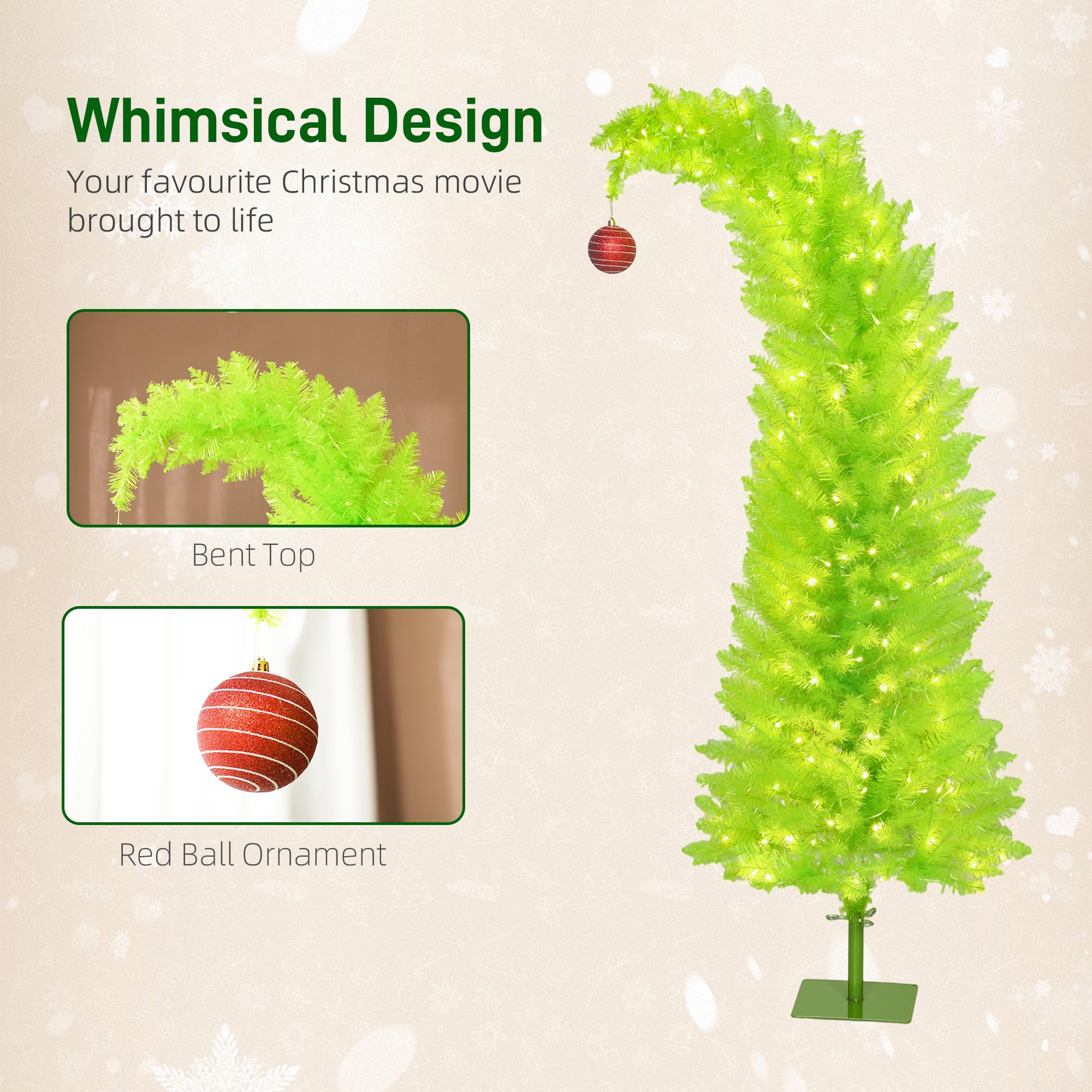 5 ft Whimsical Christmas Tree, Pencil Xmas Tree with Red Ball, Metal Base, Prelit with 200 LED Lights