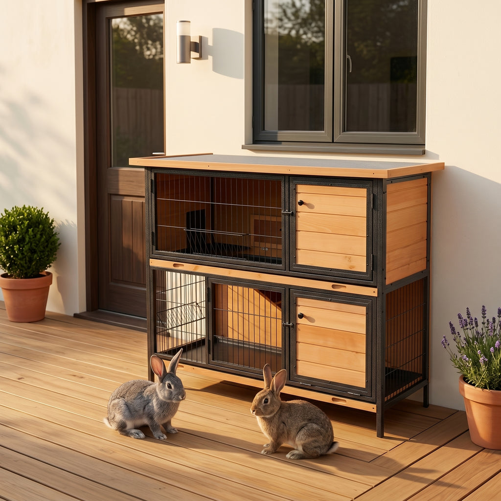 48" 2-Story Large Rabbit Hutch Bunny Cage Wooden Pet House Metal Frame with Rooms, Ramp, No Leak Tray, Feeding Trough, Waterproof Asphalt Roof for Rabbits, Chickens, Ducks, Outdoor/Indoor