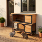 48" 2-Story Large Rabbit Hutch Bunny Cage Wooden Pet House Metal Frame with Rooms, Ramp, No Leak Tray, Feeding Trough, Waterproof Asphalt Roof for Rabbits, Chickens, Ducks, Outdoor/Indoor