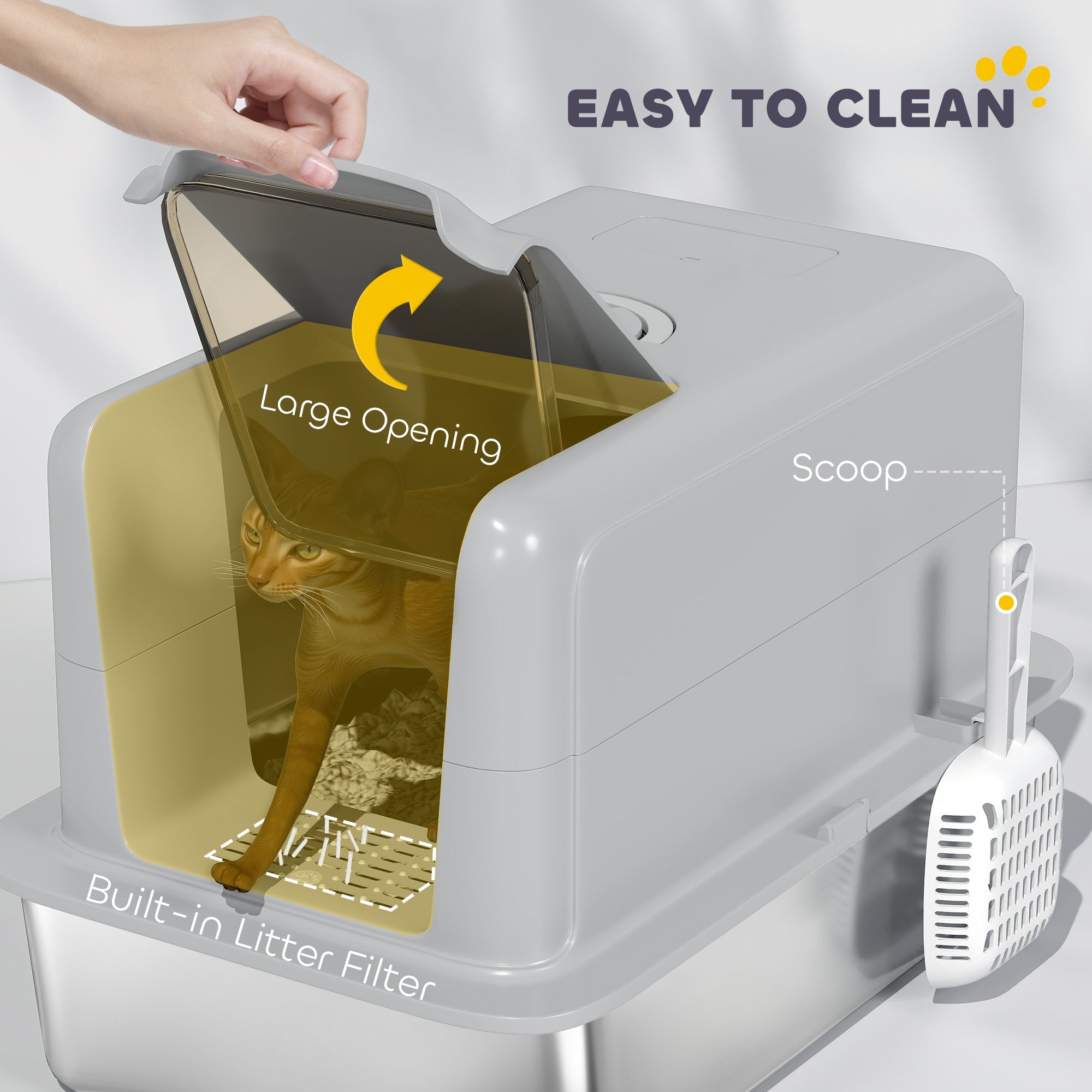 2 in 1 Stainless Steel Cat Litter Box with Removable Lid, Scoop, Filter Bags, for Small to Large Cats, Gray