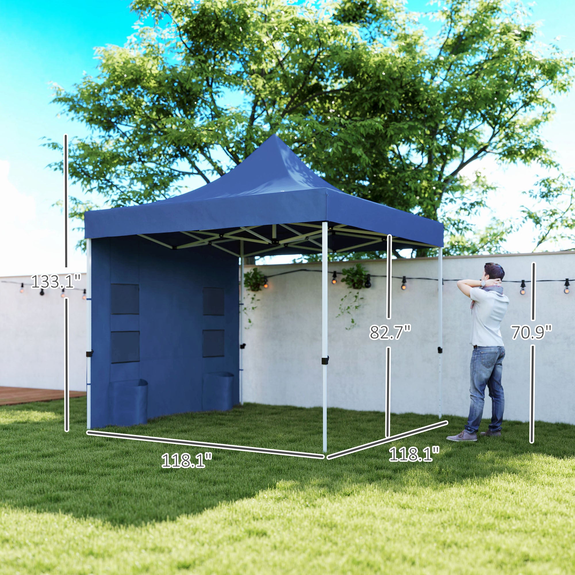 10' x 10' Heavy Duty Pop Up Canopy Tent with Sidewall, UPF50+ Instant Sun Shelter with Storage Pockets, Dark Blue