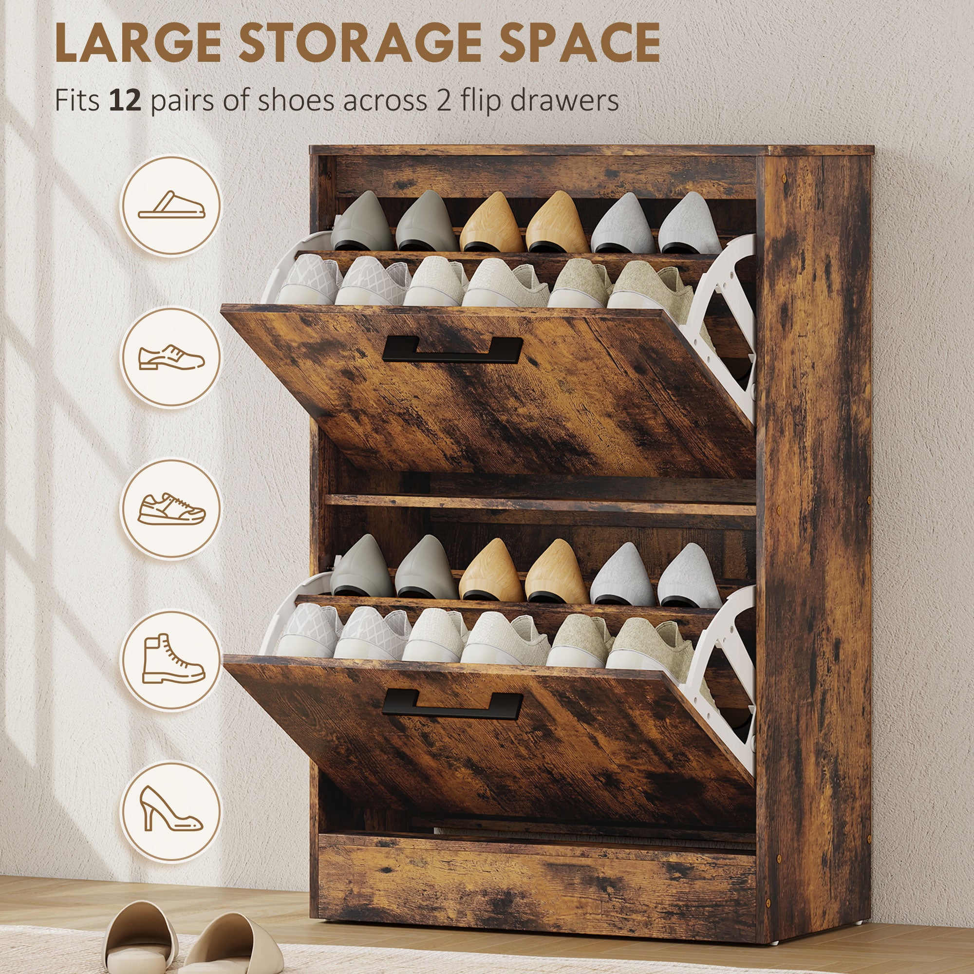 Shoe Cabinet 2 Flip Drawers Narrow Shoe Storage Unit Adjustable Dividers Entryway Hallway Rustic Brown