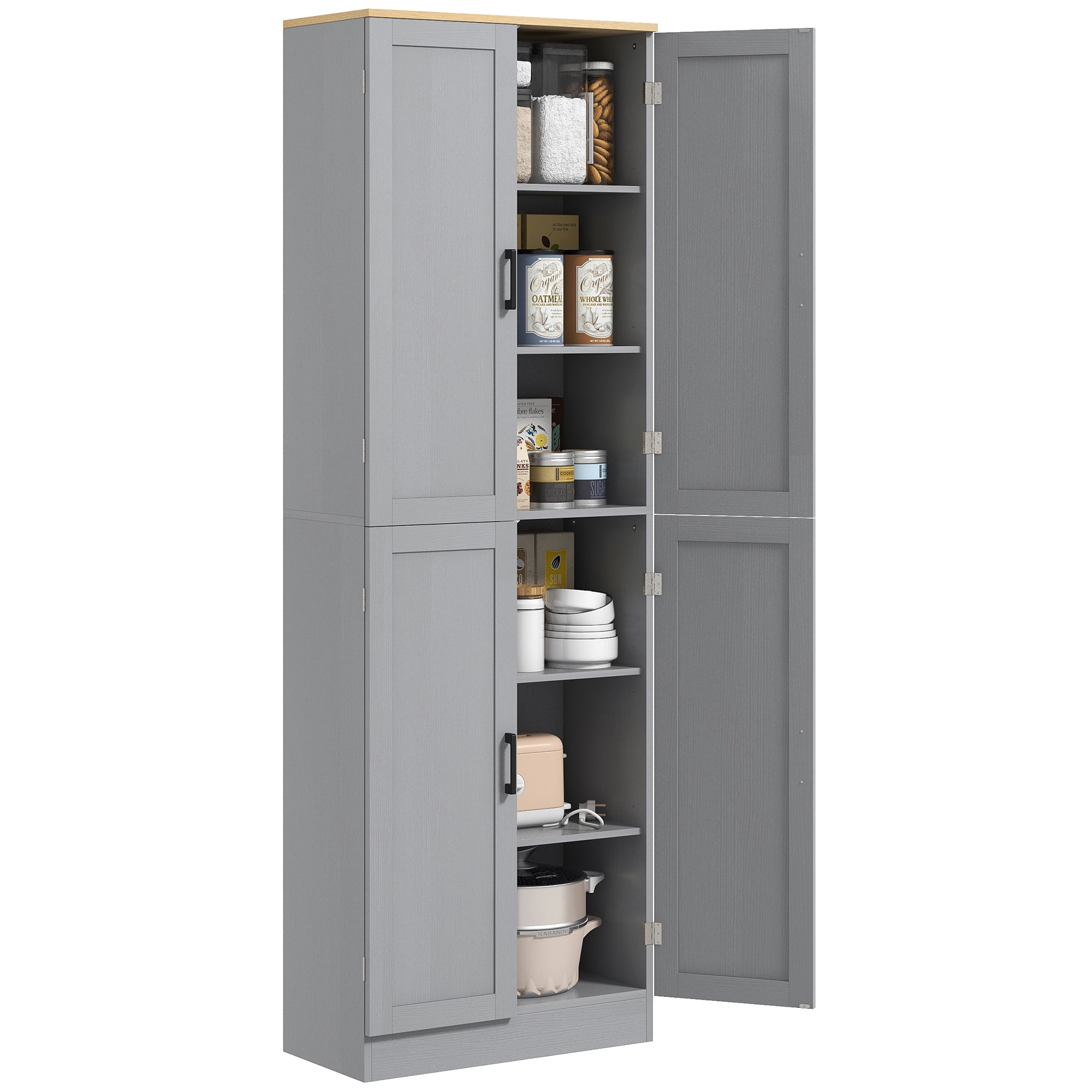 Freestanding Kitchen Pantry, 4-Door Kitchen Pantry Cabinet with Adjustable Shelves and Doors, Distressed White