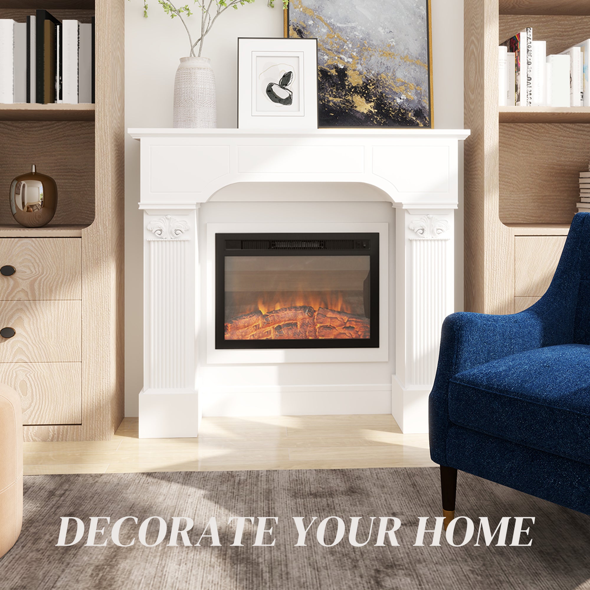 Baroque Fireplace Mantle, Freestanding Fireplace Surround for Electric Fireplaces, 43.3" W x 42.8" H, White