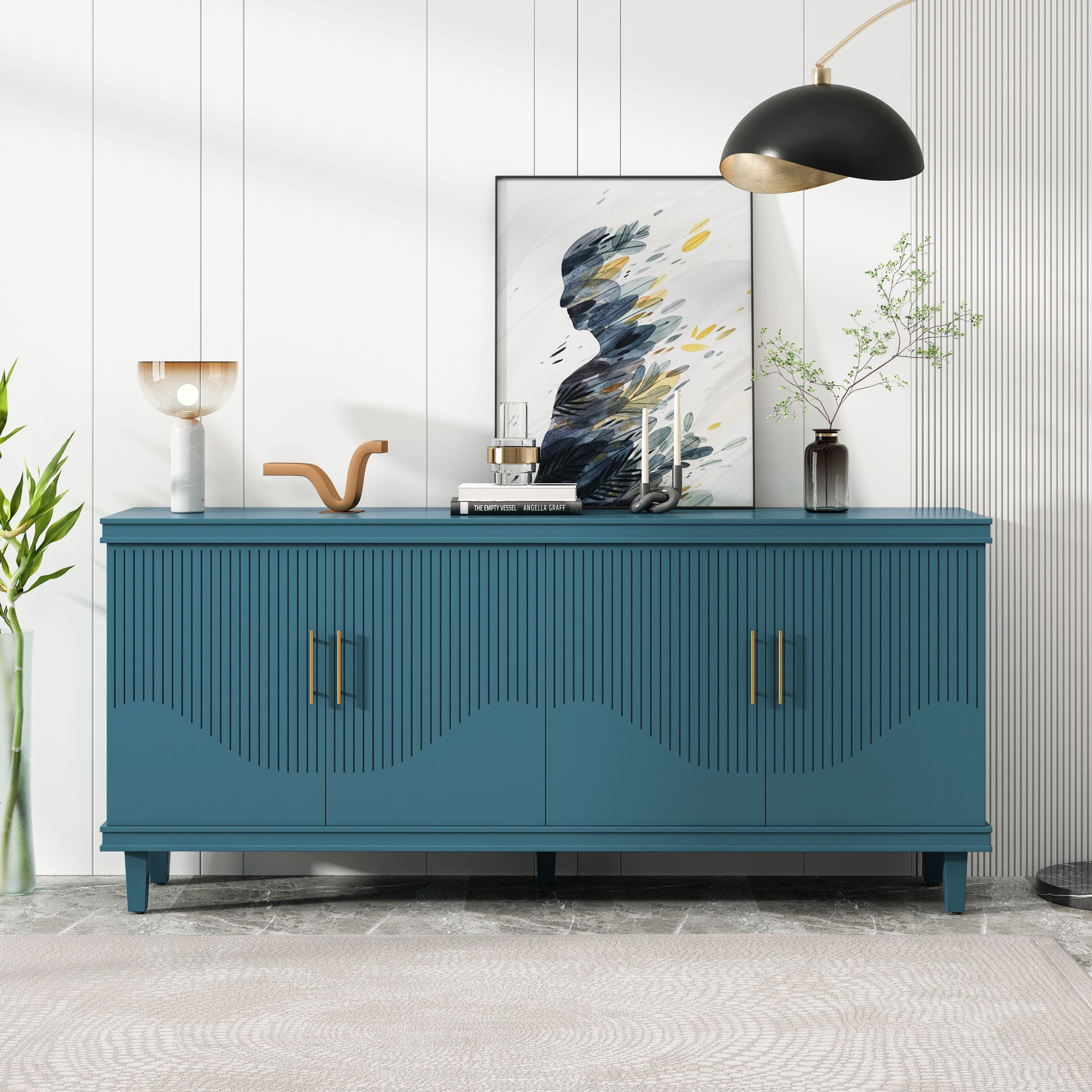70.07'' Large 4-Door Cabinet, Solid Wood and MDF, Adjustable Shelves, 330 lbs Weight Capacity, for Living Room, Kitchen, Bedroom, Hallway, Olive Green