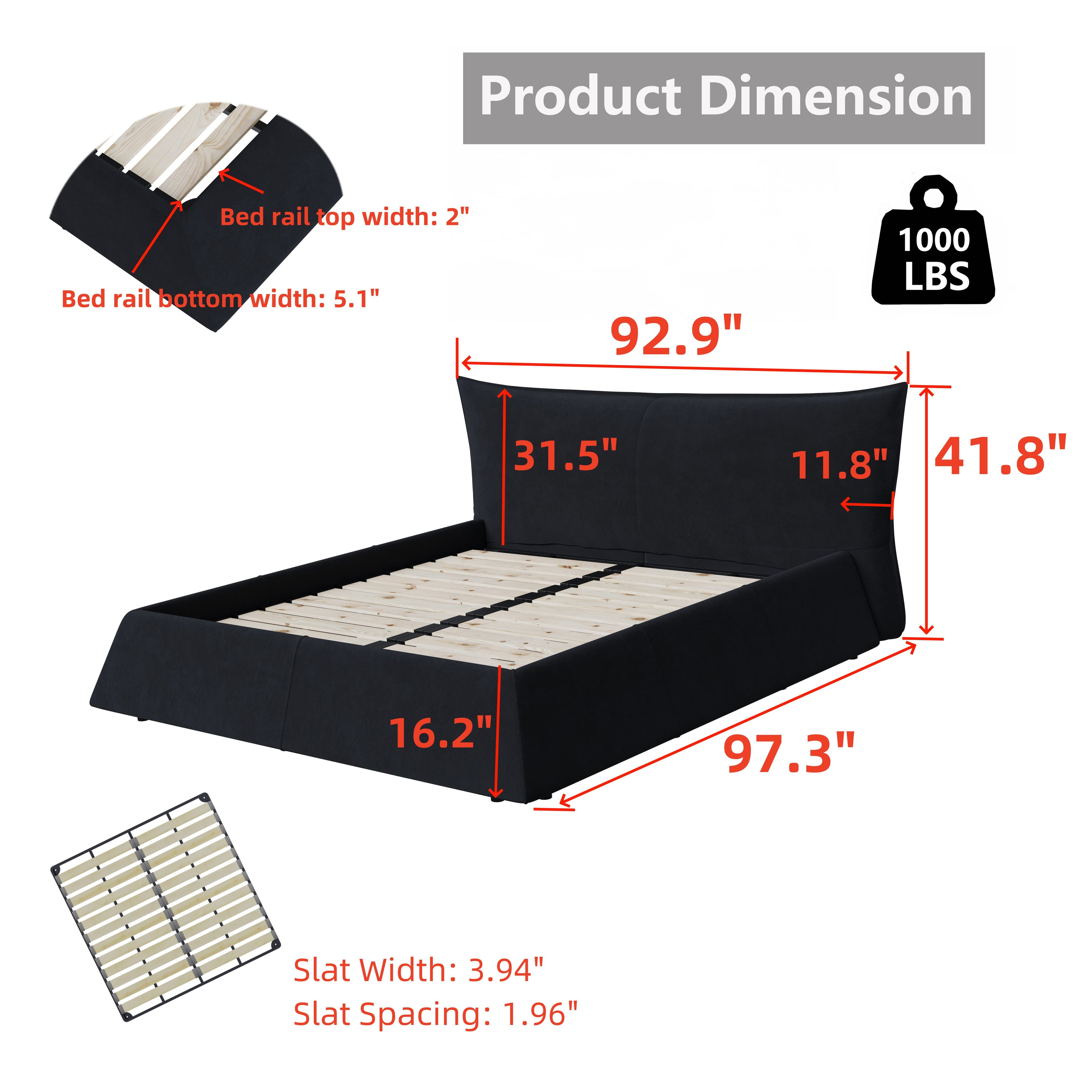 King Size Upholstered Platform Bed with Velvet Headboard, Metal & Solid Wood Frame, 97.5" L x 93" W x 42" H, Black