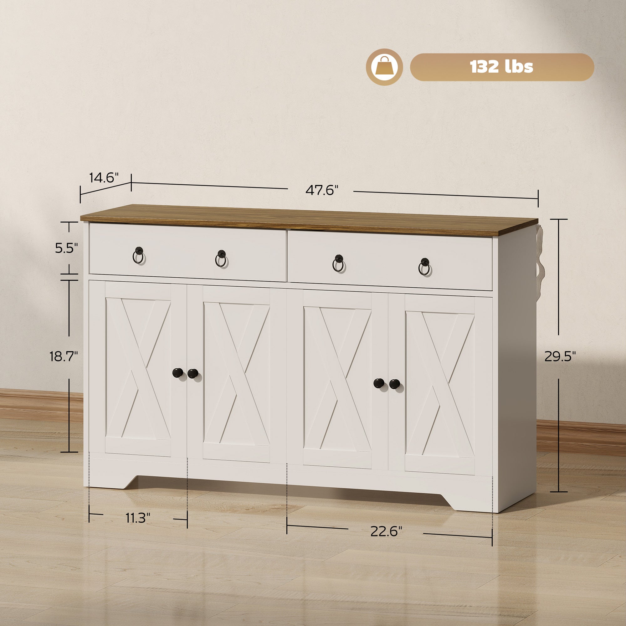 Kitchen Storage Sideboard, Farmhouse Buffet Cabinet with Barn Style Doors, Drawers, Adjustable Shelves, White
