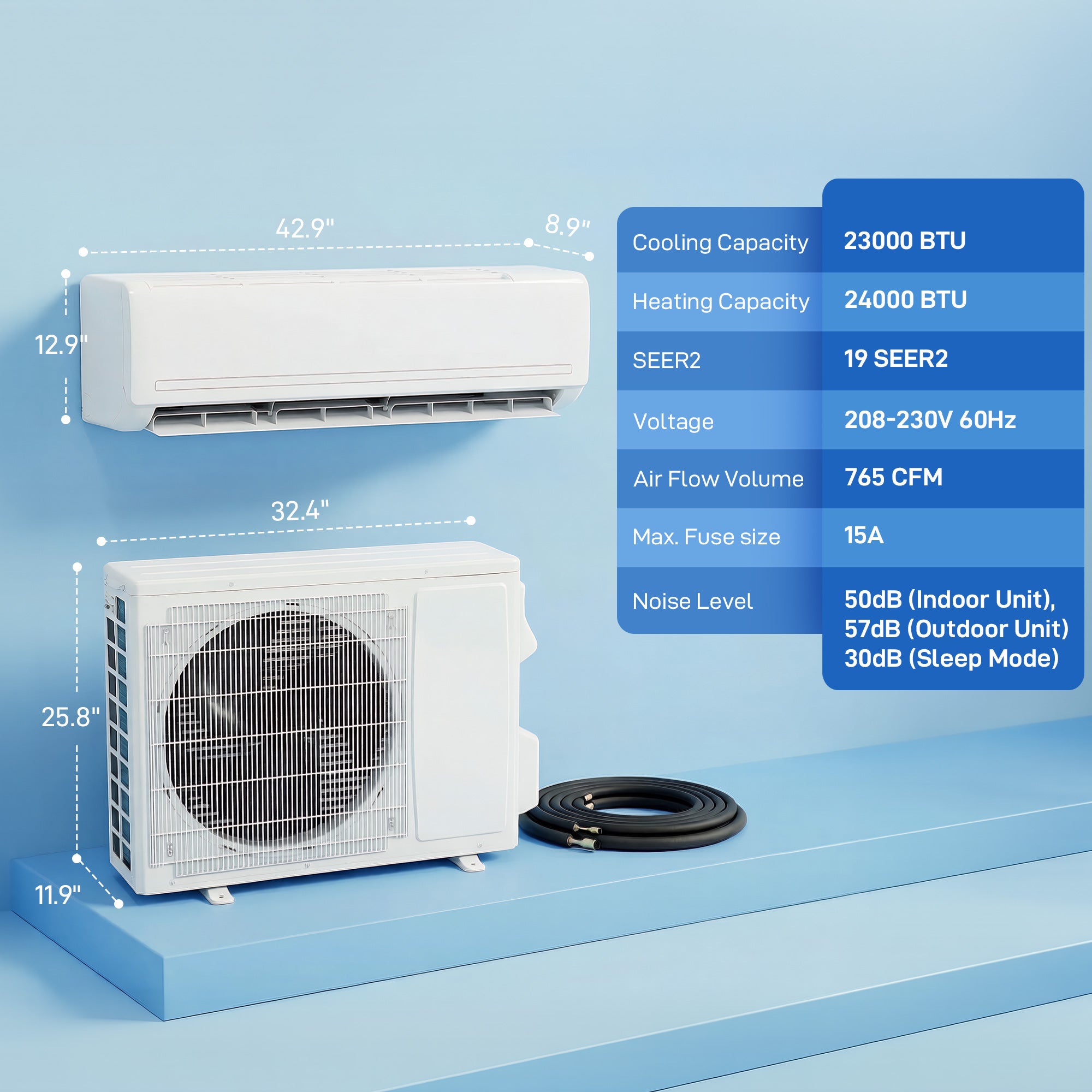 23000 BTU Mini Split Air Conditioner, 19 SEER2 230V Inverter AC Unit Cools up to 1500 Sq.Ft, Complete Installation Kit
