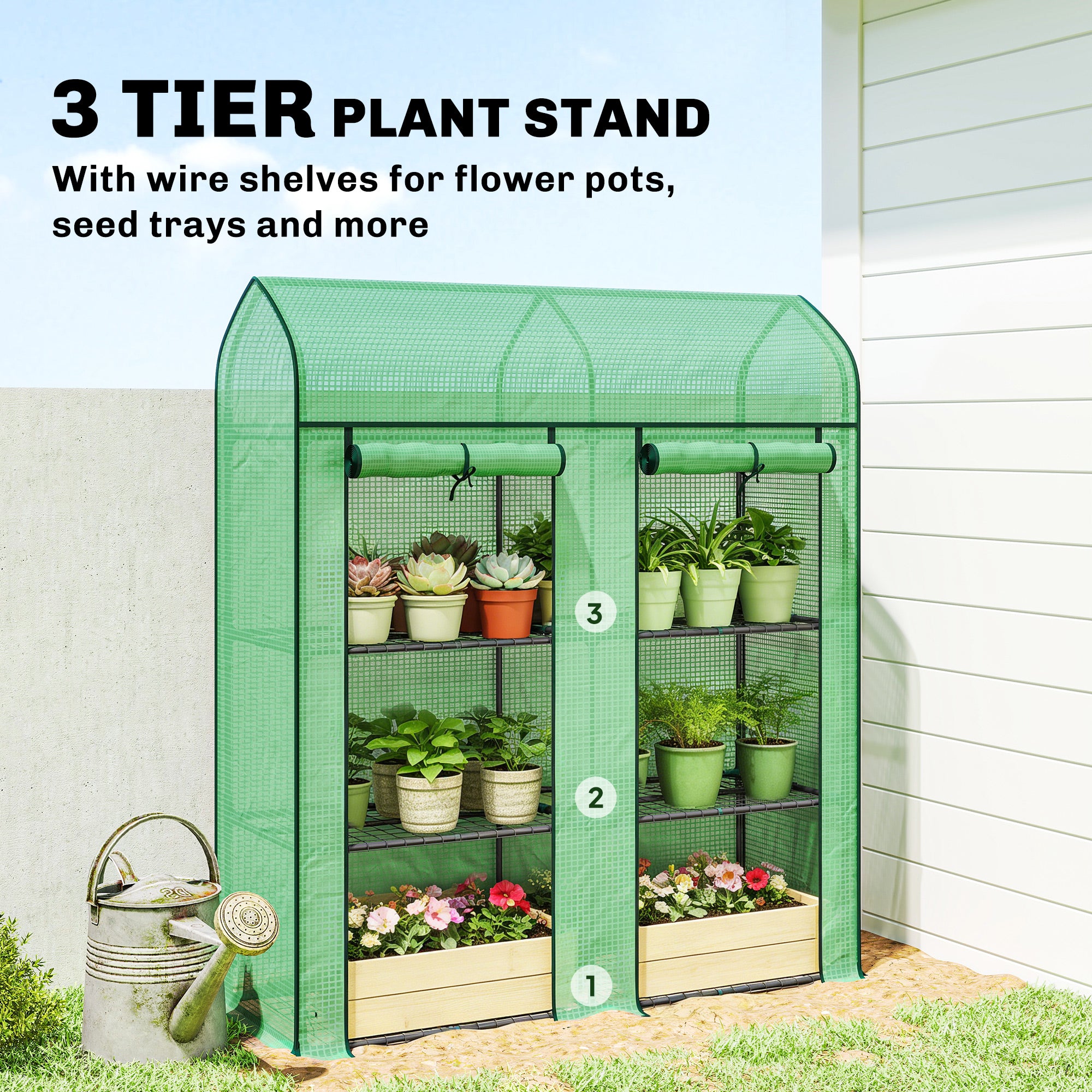 3 Tier Mini Greenhouse, Small Portable Greenhouse with 2 Roll-up Doors, 56.3" x 18.1" x 65", Green