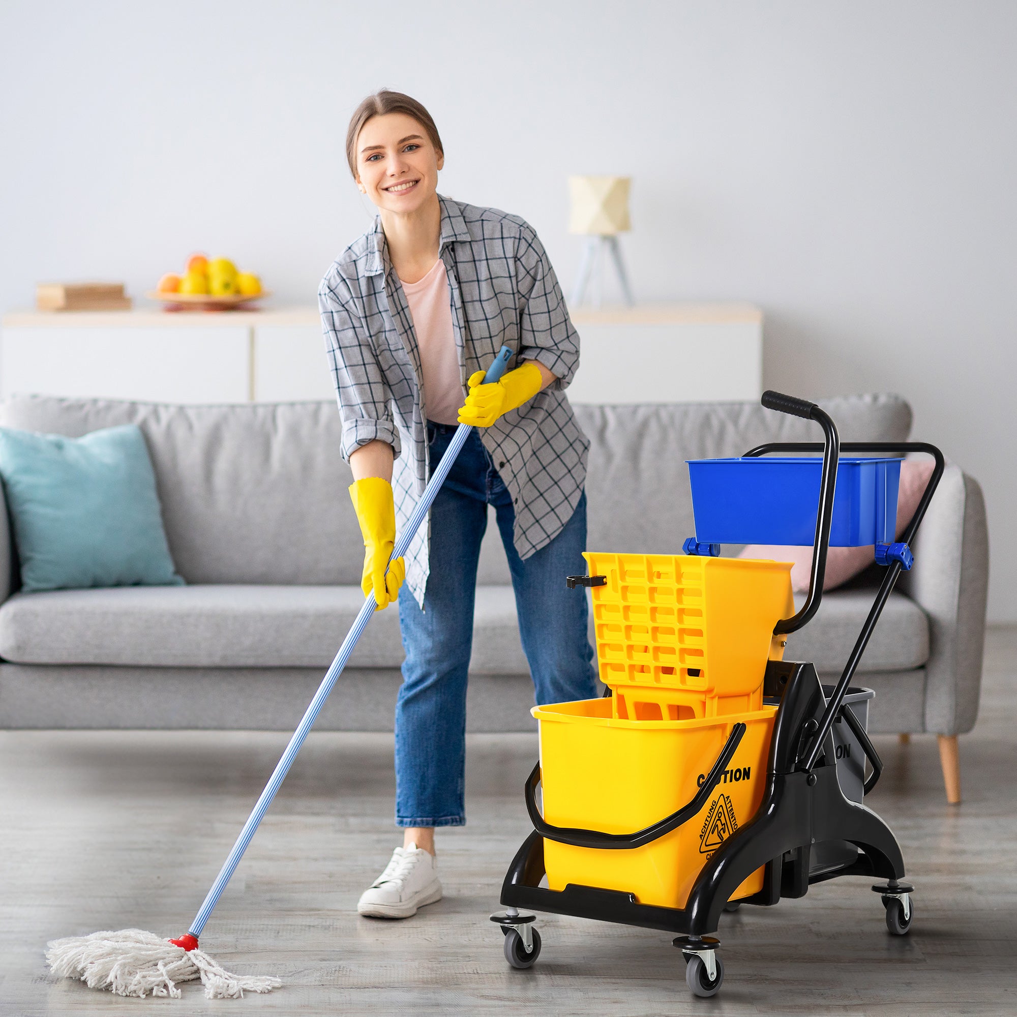 2 x 6.9 Gallon Mop Water Bucket Wringer Cart with Easy to Use Side Press Wringer, Smooth Wheels, Mop-Handle Holder
