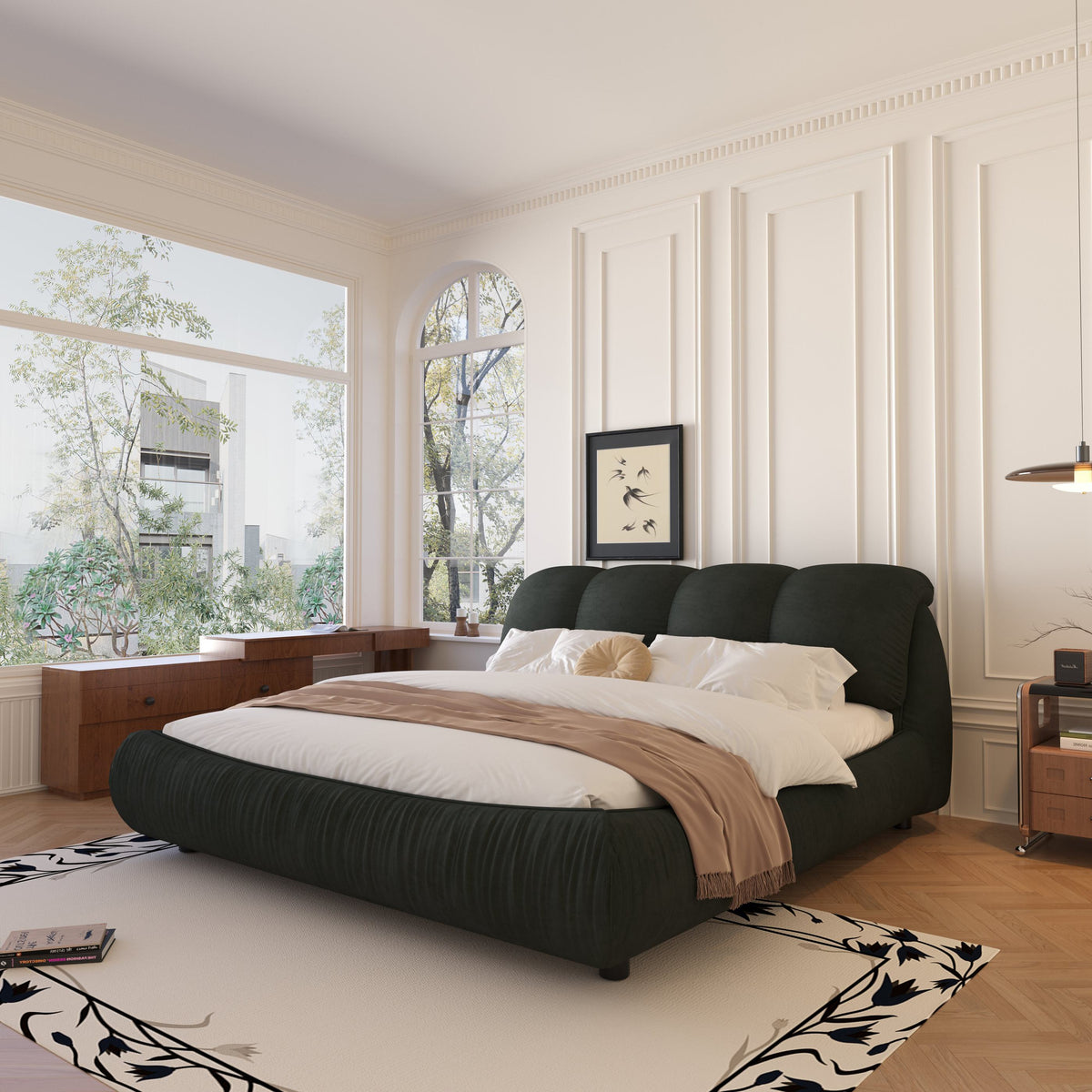 Queen Size Upholstered Bed with Oversized Padded Backrest, Solid Wood Frame, Adjustable Mattress Heights, 96.5" L x 70" W x 43.5" H, Black