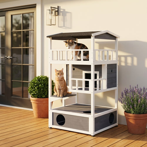 Wooden Outdoor Cat House, Feral Cat Shelter Kitten Condo with Asphalt Roof, Escape Doors, Condo, Jumping Platform, Gray