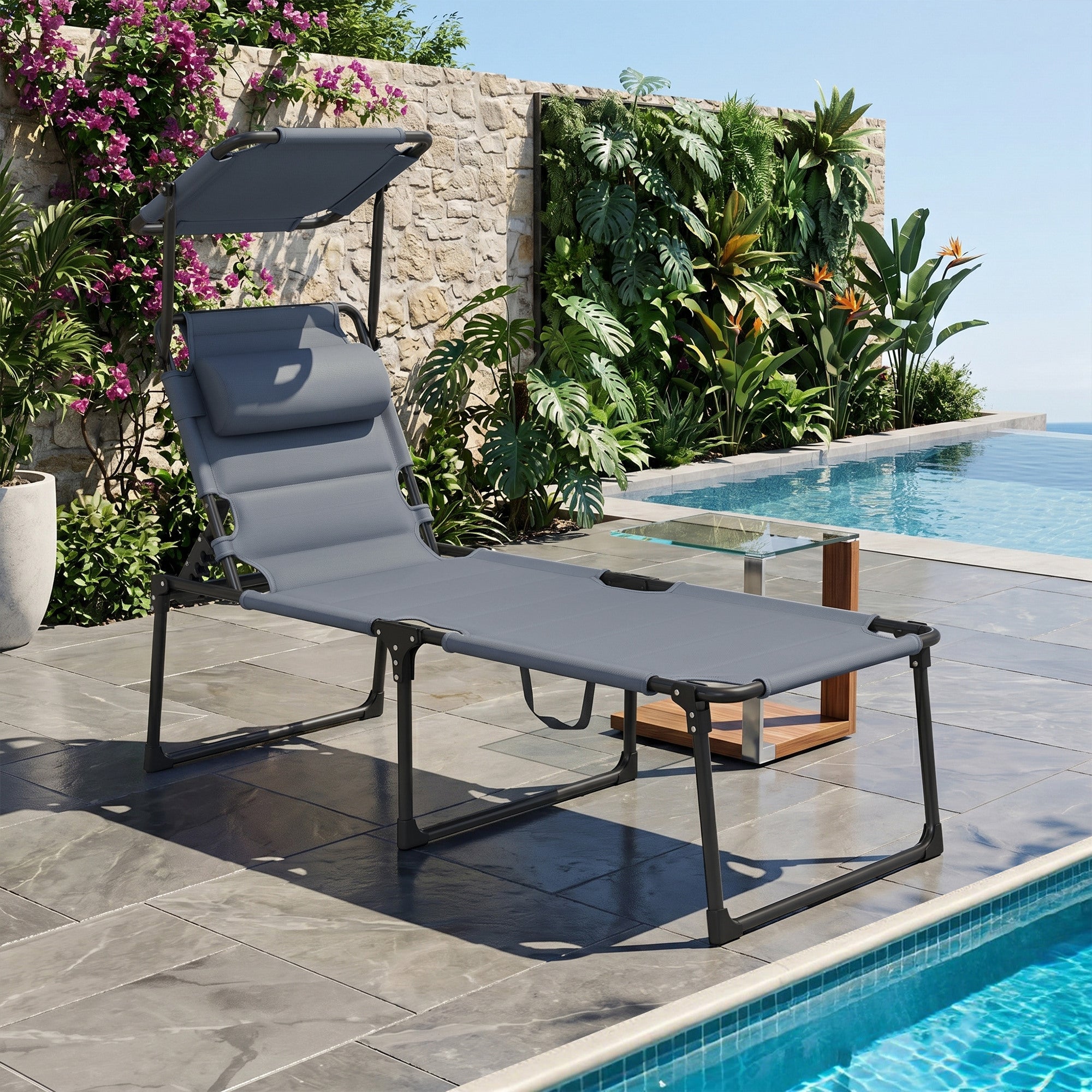 Outdoor Lounge Chair, 4 Position Adjustable Backrest, Folding, Cushioned w/ Sun Shade Roof & Pillow, Gray