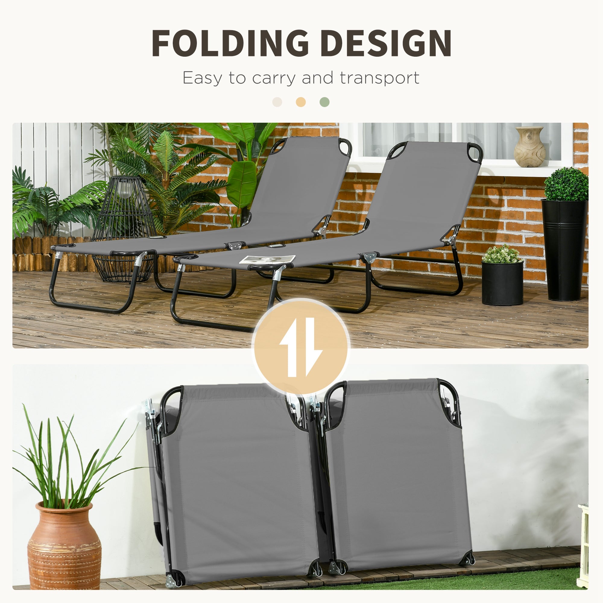 2 Pieces Pool Chaise Lounge Chairs, Folding Lounge Chairs with 5-Level Reclining Back, Steel Frame, Dark Gray