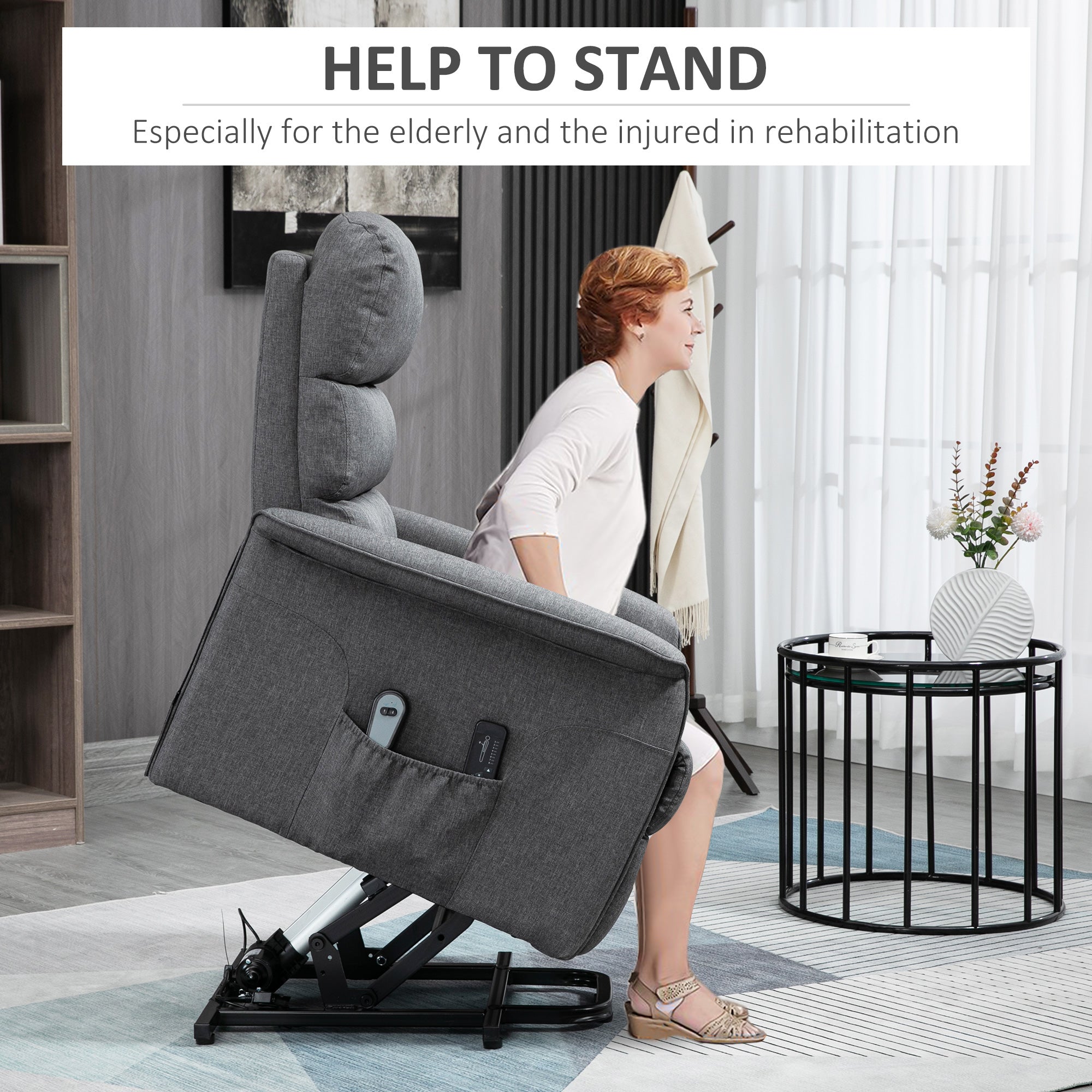 Power Lift Chair with Vibration Massage, Fabric Upholstered Recliner Chair for Elderly with Remote Control, Side Pockets, Grey