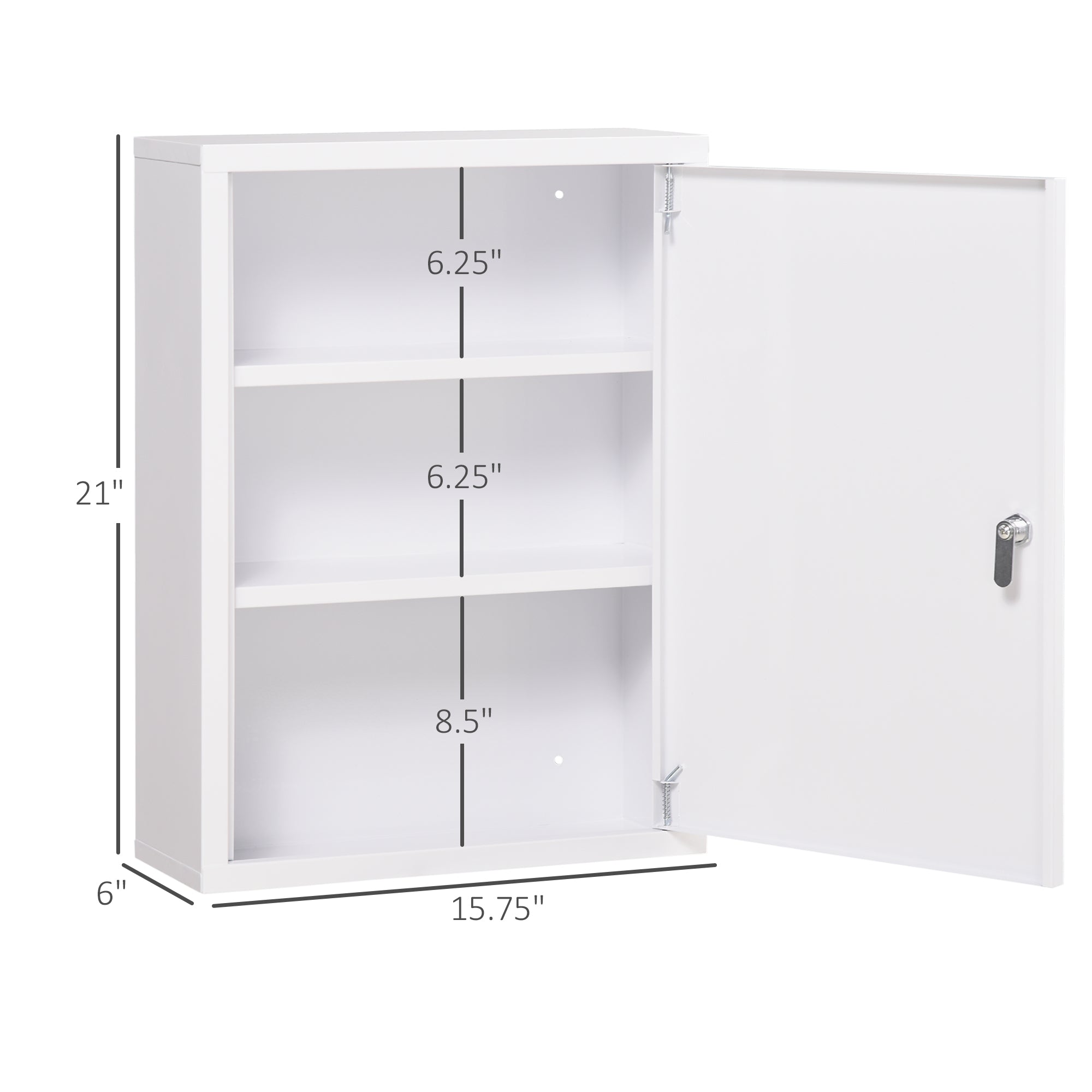 16" x 21" Lockable Medicine Cabinet, 3 Tier Steel Medical Wall Box with 2 Keys and Shelves for Bathroom, White