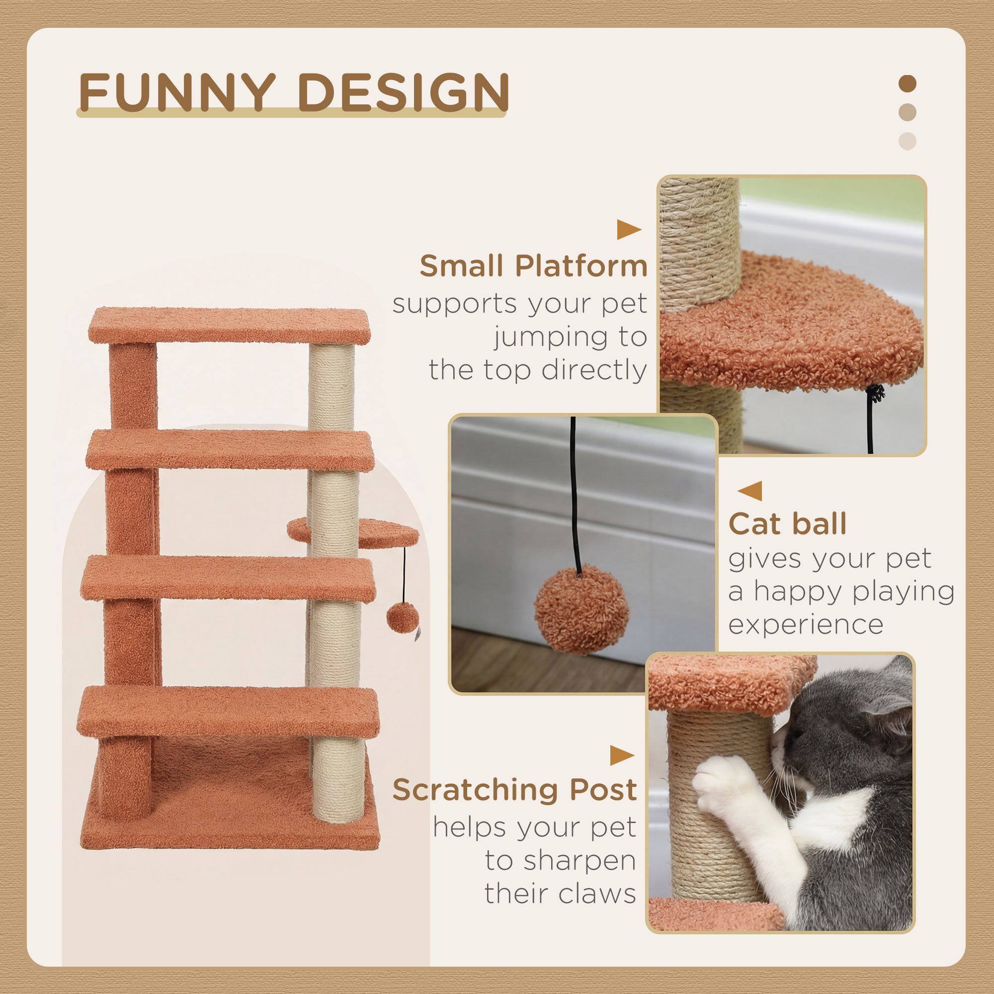4 Levels Cat Steps with Scratching Posts for High Bed, Sofa, Brown