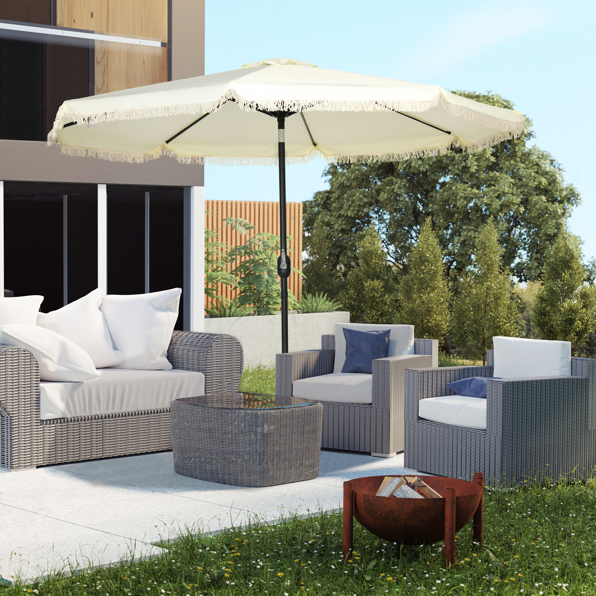 9 ft Cantilever Umbrella with Push Button Tilt and Crank Tassles and 8 Ribs Shade Umbrellas for Garden