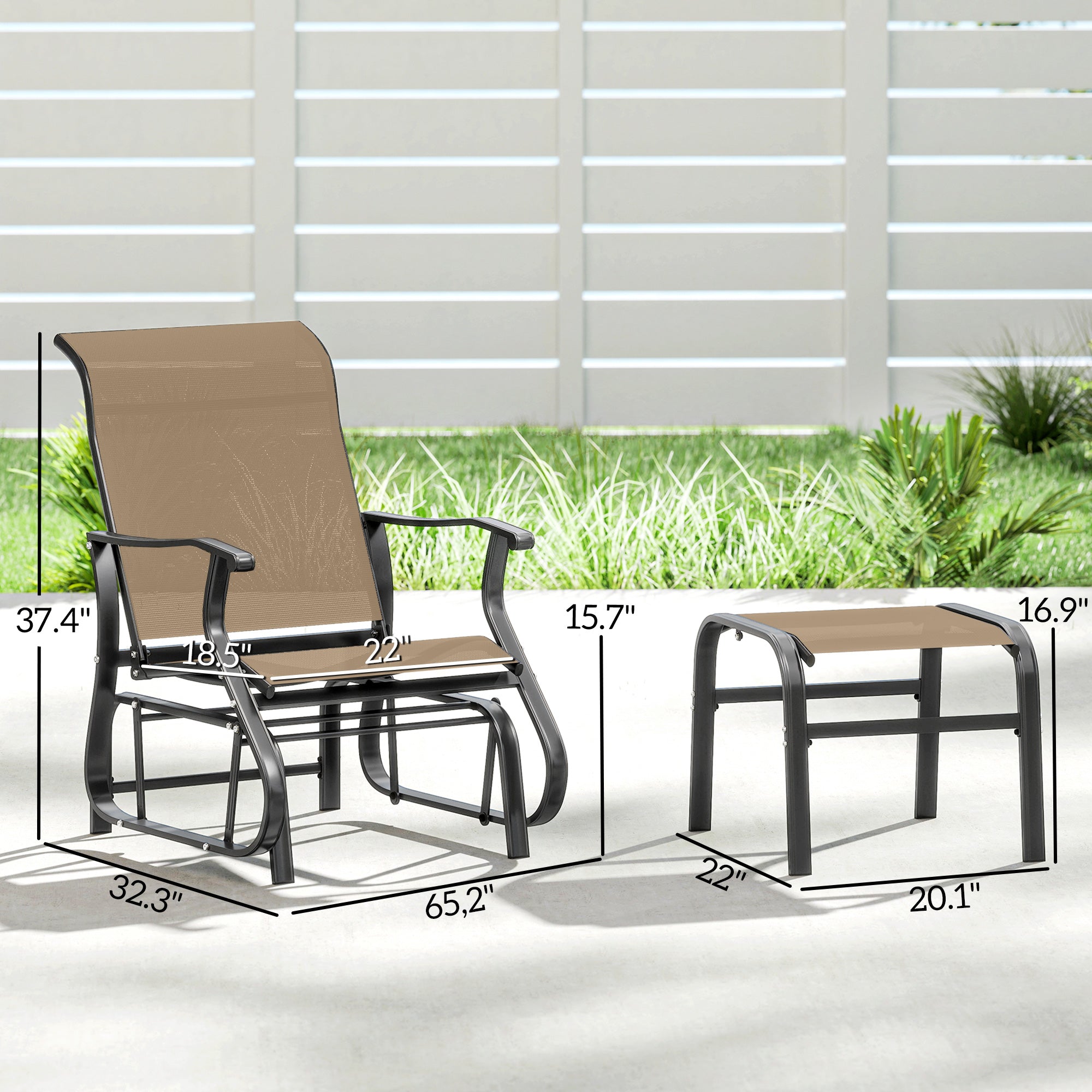 Outdoor Glider with Ottoman, Patio Glider Chair Set with High Back, Wide Seat for Porch, Garden, Backyard, Tan