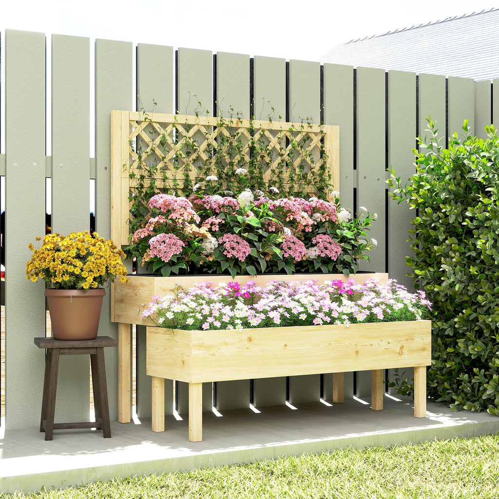 2-Tier Raised Garden Bed with Trellis, Elevated Planter Box for Climbing Plants, Natural
