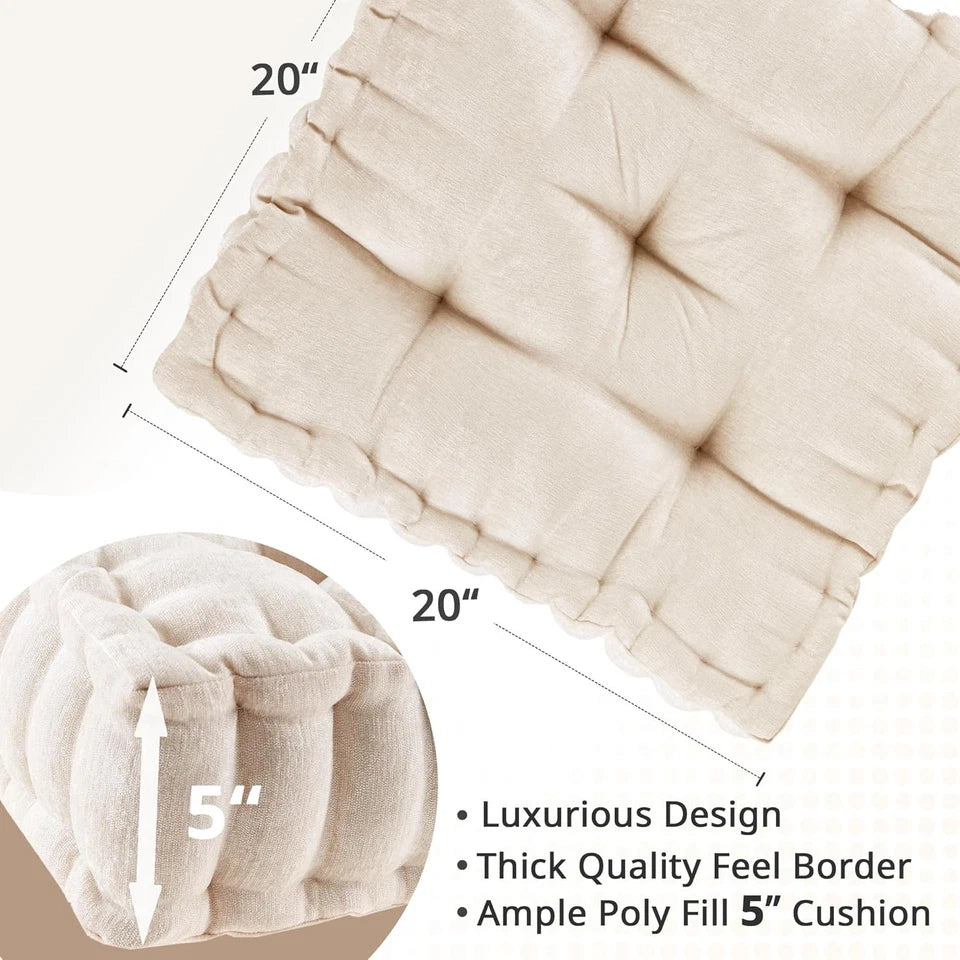 Textured Chenille Square Floor Pillow Cushion with Tufted Detailing, 100% Hypoallergenic Polyester, Scalloped Edge, 20" L x 20" W x 5" H, Ivory