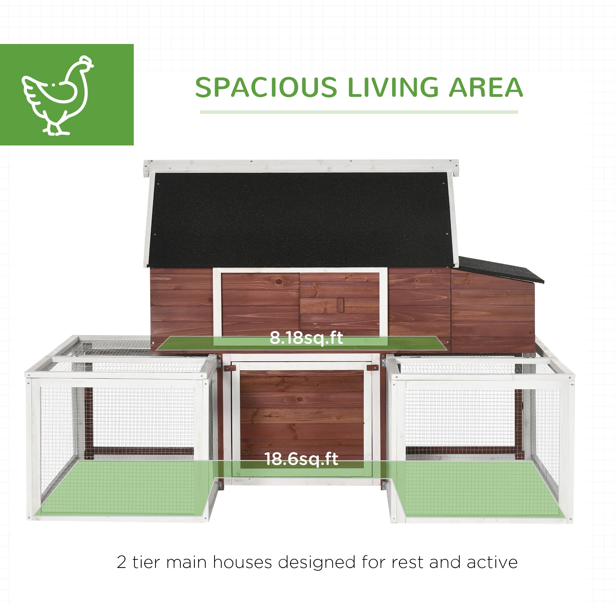 Wooden Chicken Coop, Outdoor Chicken Cage Poultry Hen House with Nesting Box, Double Runs, Asphalt Roof, Ramp