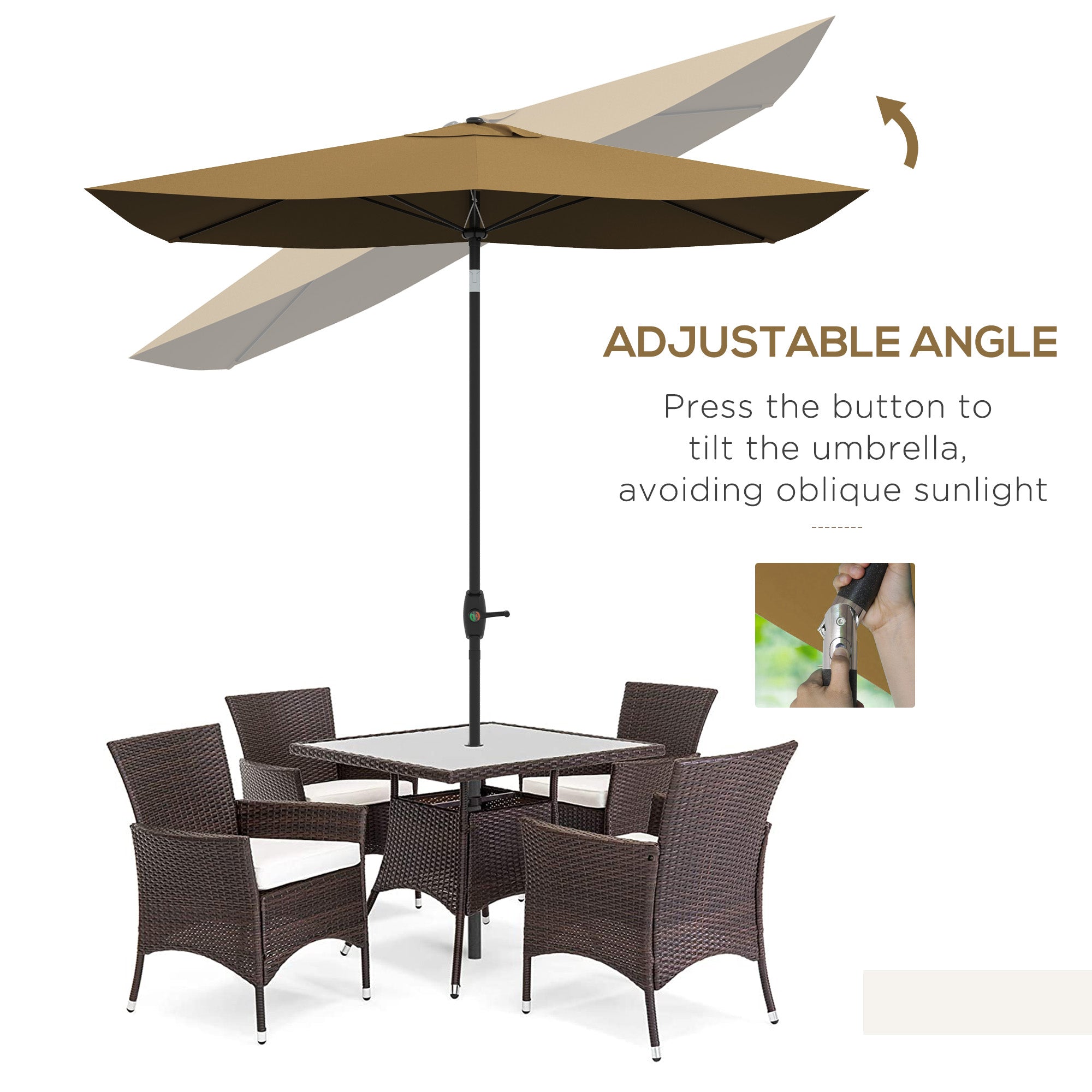 6.6' x 10' Rectangular Market Umbrella, Patio Outdoor Table Umbrella with Crank and Push Button Tilt, Coffee